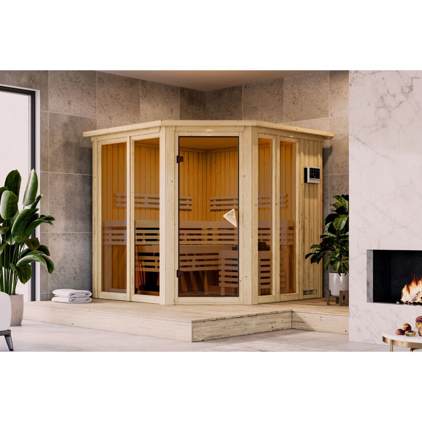 Sauna 'Airisa' naturbelassen mit Kranz 9 kW Bio externe Steuerung 210 x 202 x 210 cm