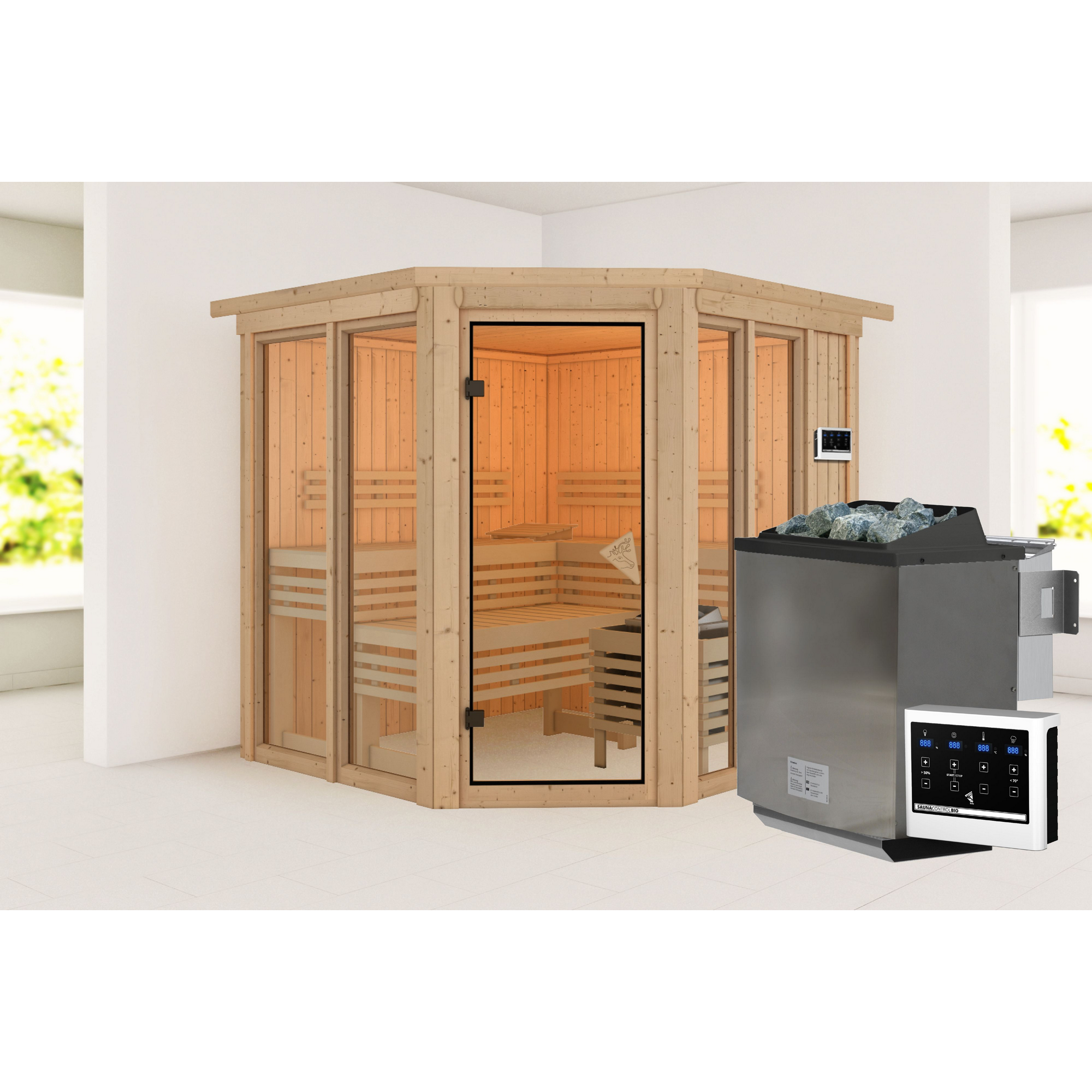 Sauna 'Airisa' naturbelassen mit Kranz 9 kW Bio externe Steuerung 196 x 202 x 210 cm