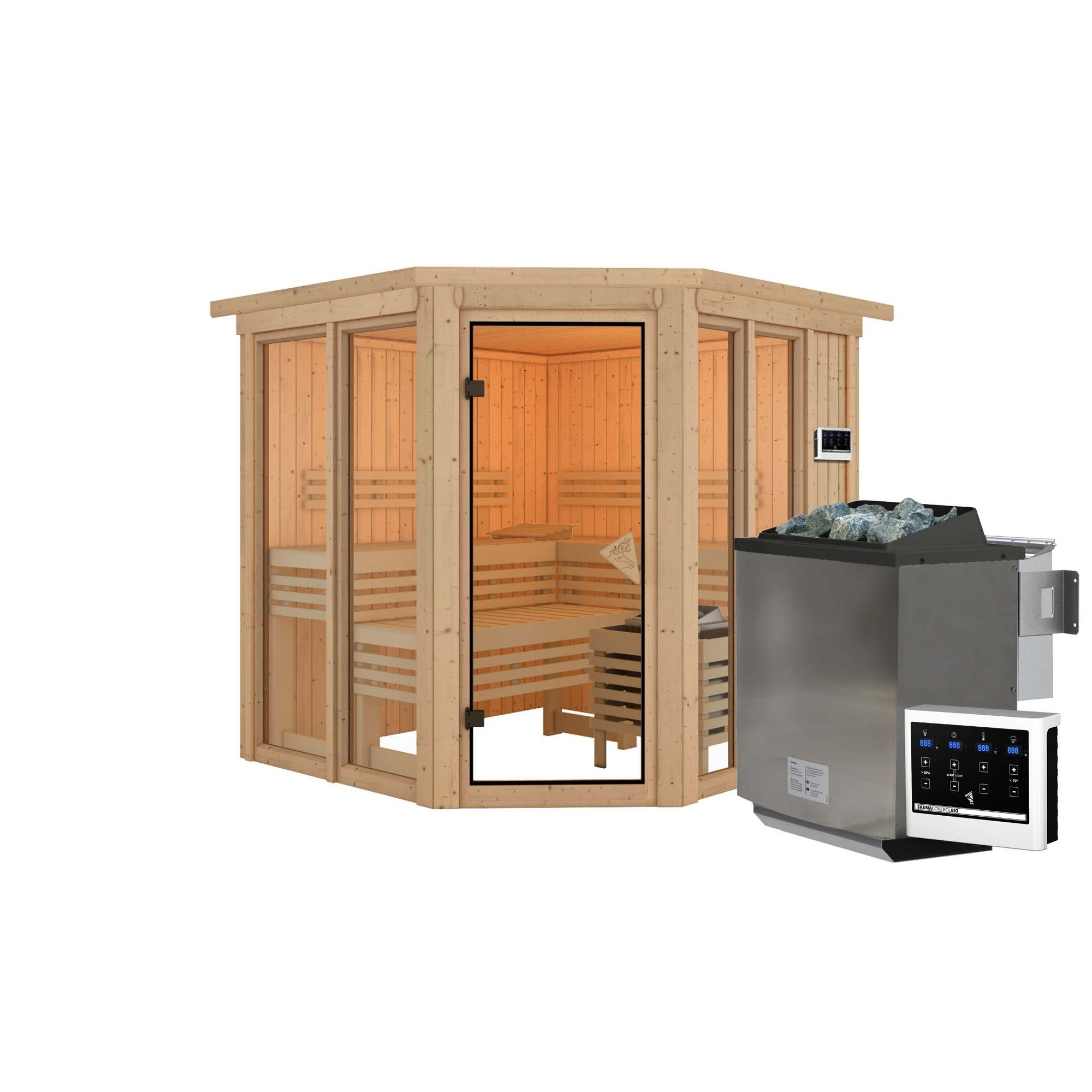 Sauna 'Airisa' naturbelassen mit Kranz 9 kW Bio externe Steuerung 196 x 202 x 210 cm