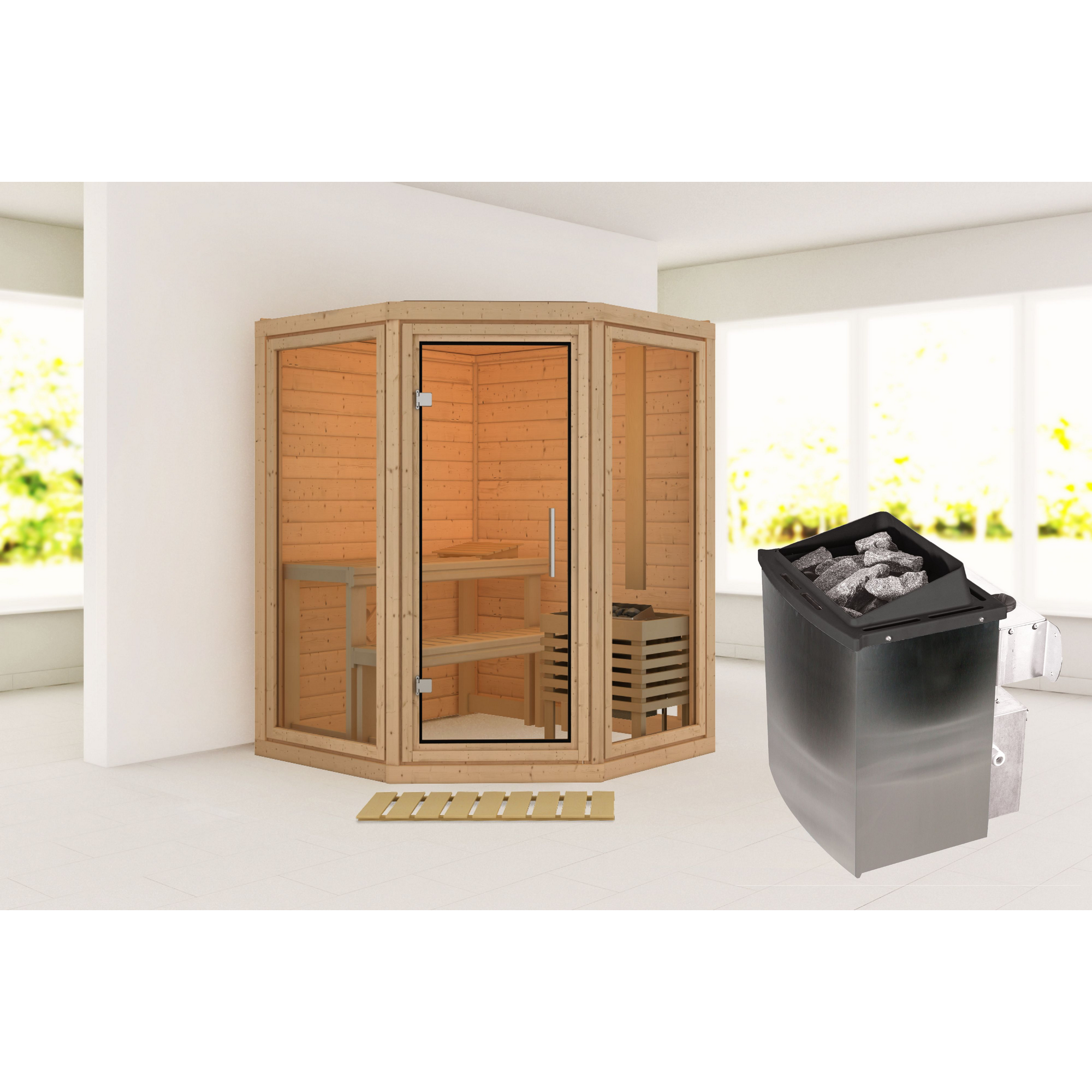 Sauna 'Yumalie' naturbelassen Ofen 9 kW integrierte Steuerung 158 x 207 x 158 cm