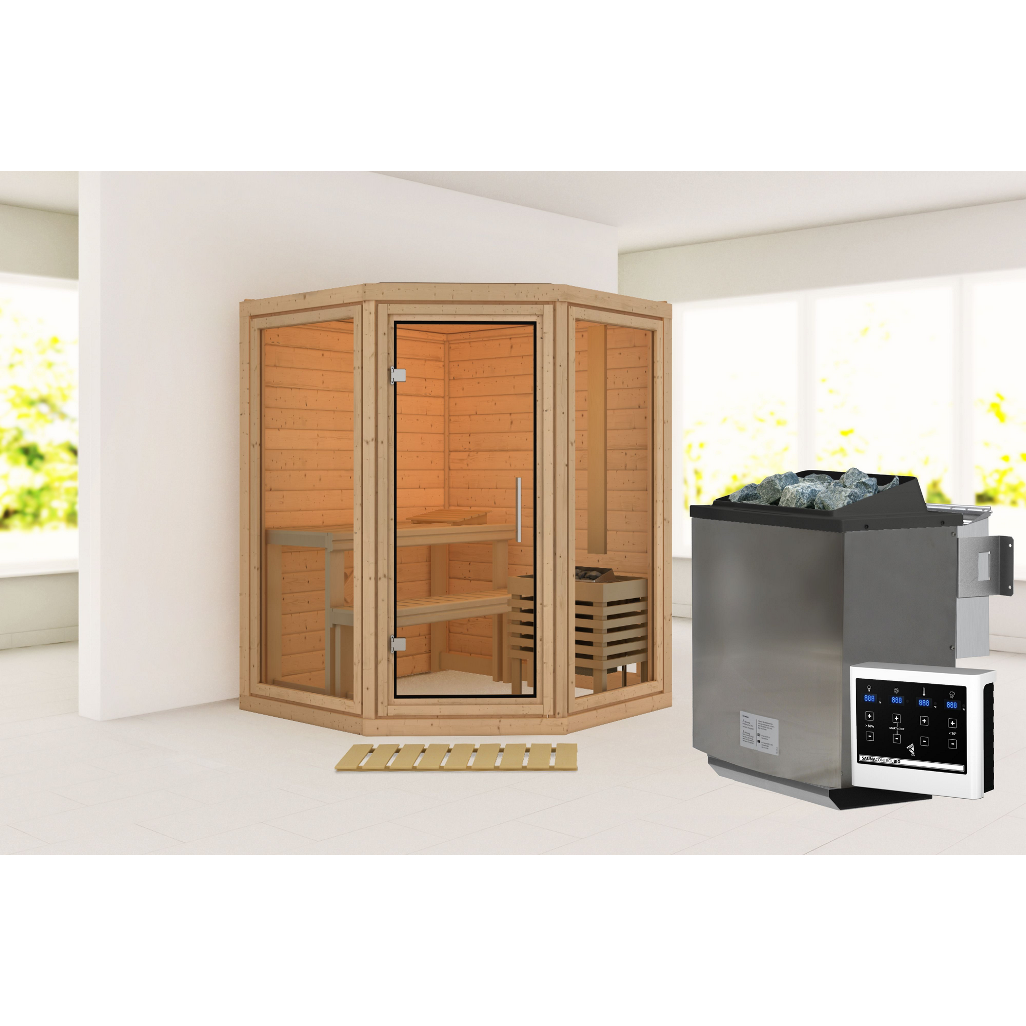Sauna 'Yumalie' naturbelassen 9 kW Bio externe Steuerung 158 x 207 x 158 cm