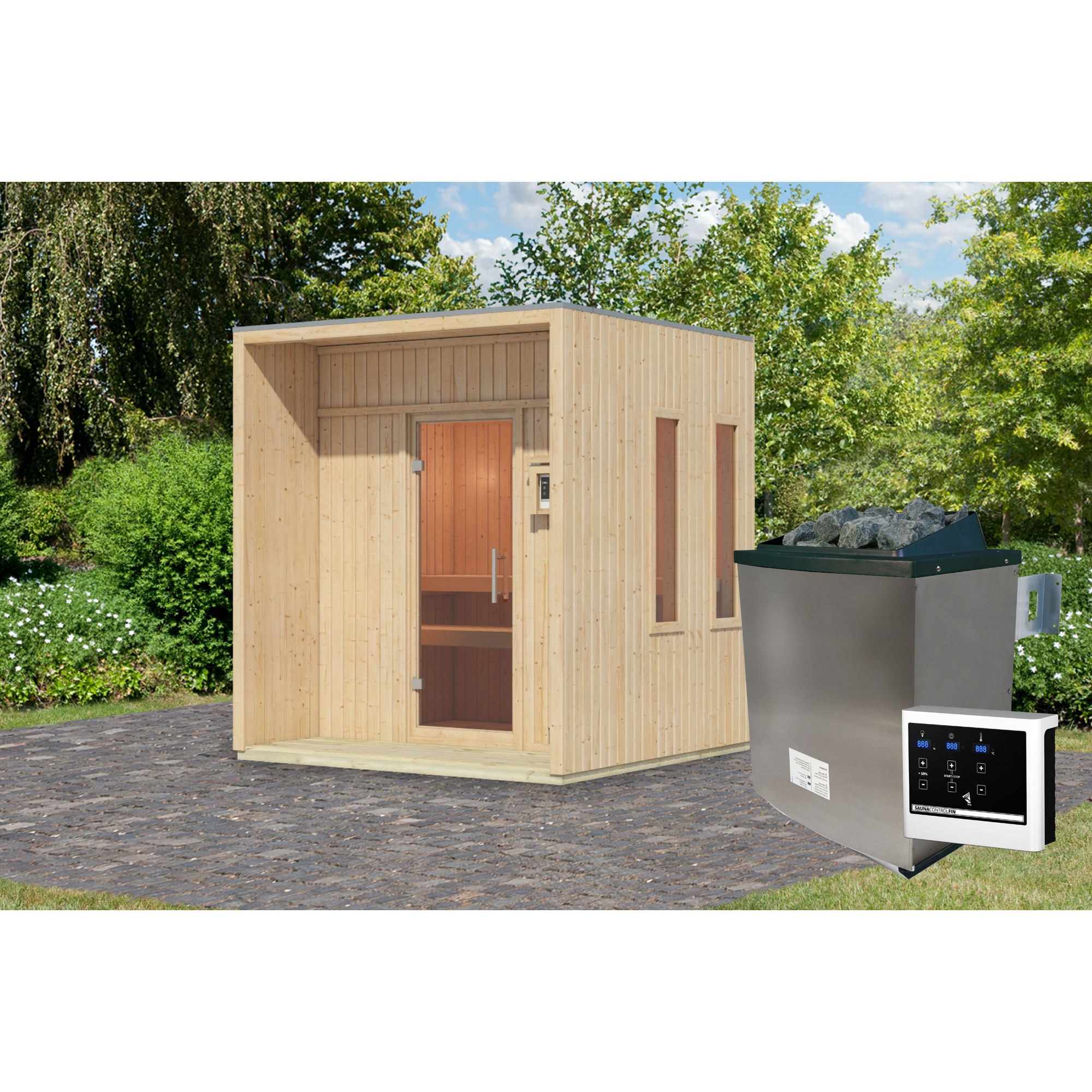 Saunahaus 'Orcadia' naturbelassen Ofen 9 kW externe Steuerung 219,5 x 244 x 216,5 cm