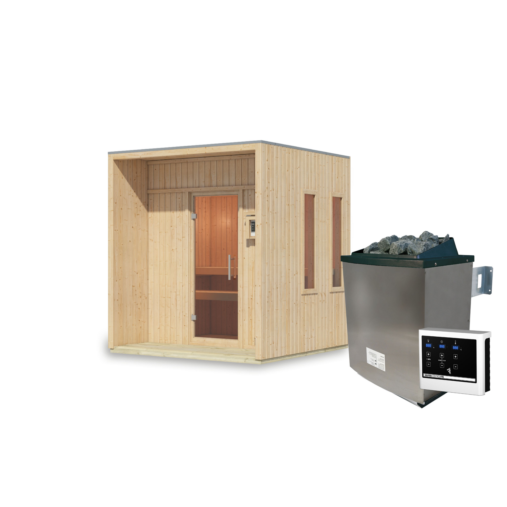 Saunahaus 'Orcadia' naturbelassen Ofen 9 kW externe Steuerung 219,5 x 244 x 216,5 cm