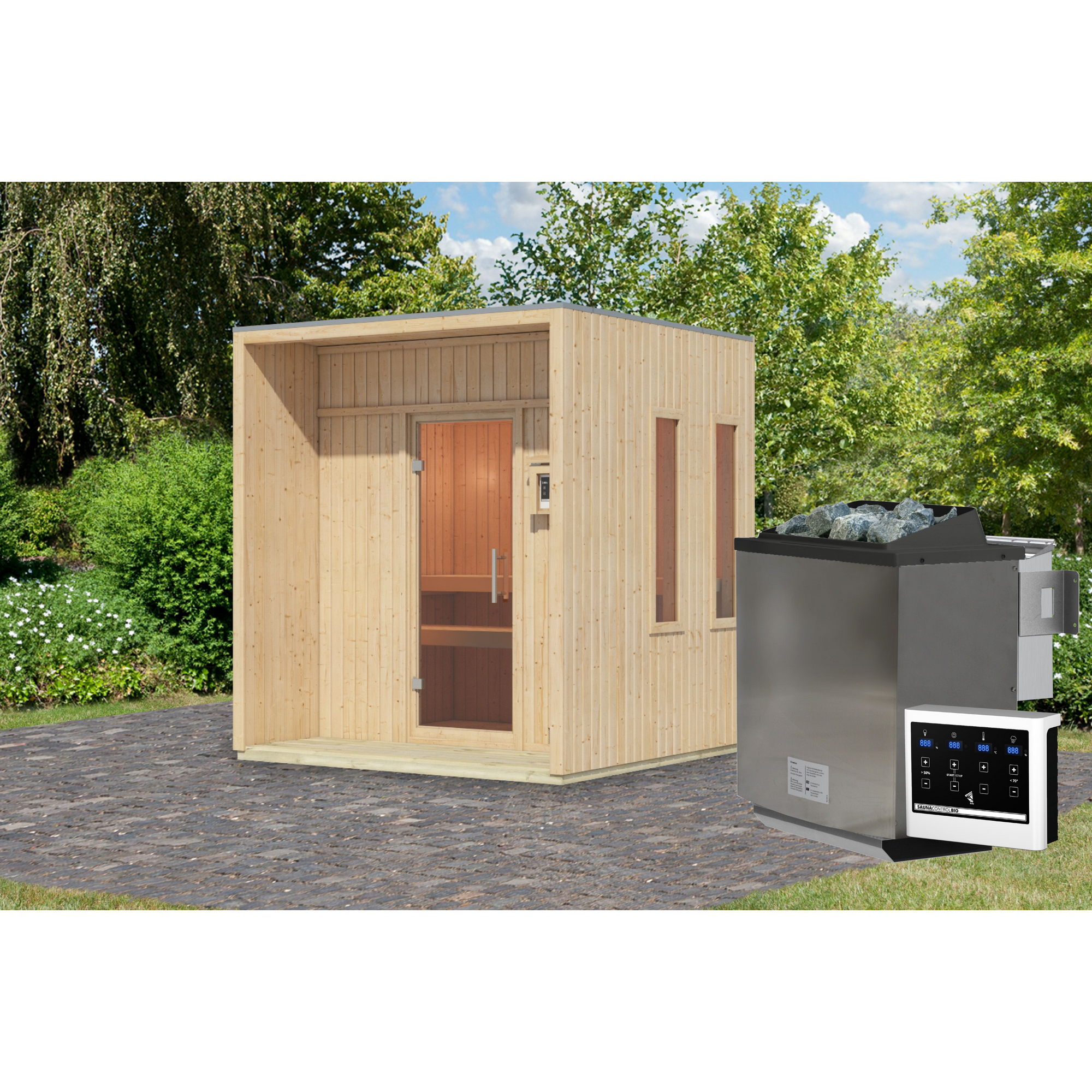 Saunahaus 'Orcadia' naturbelassen Ofen 9 kW Bio externe Steuerung 219,5 x 244 x 216,5 cm