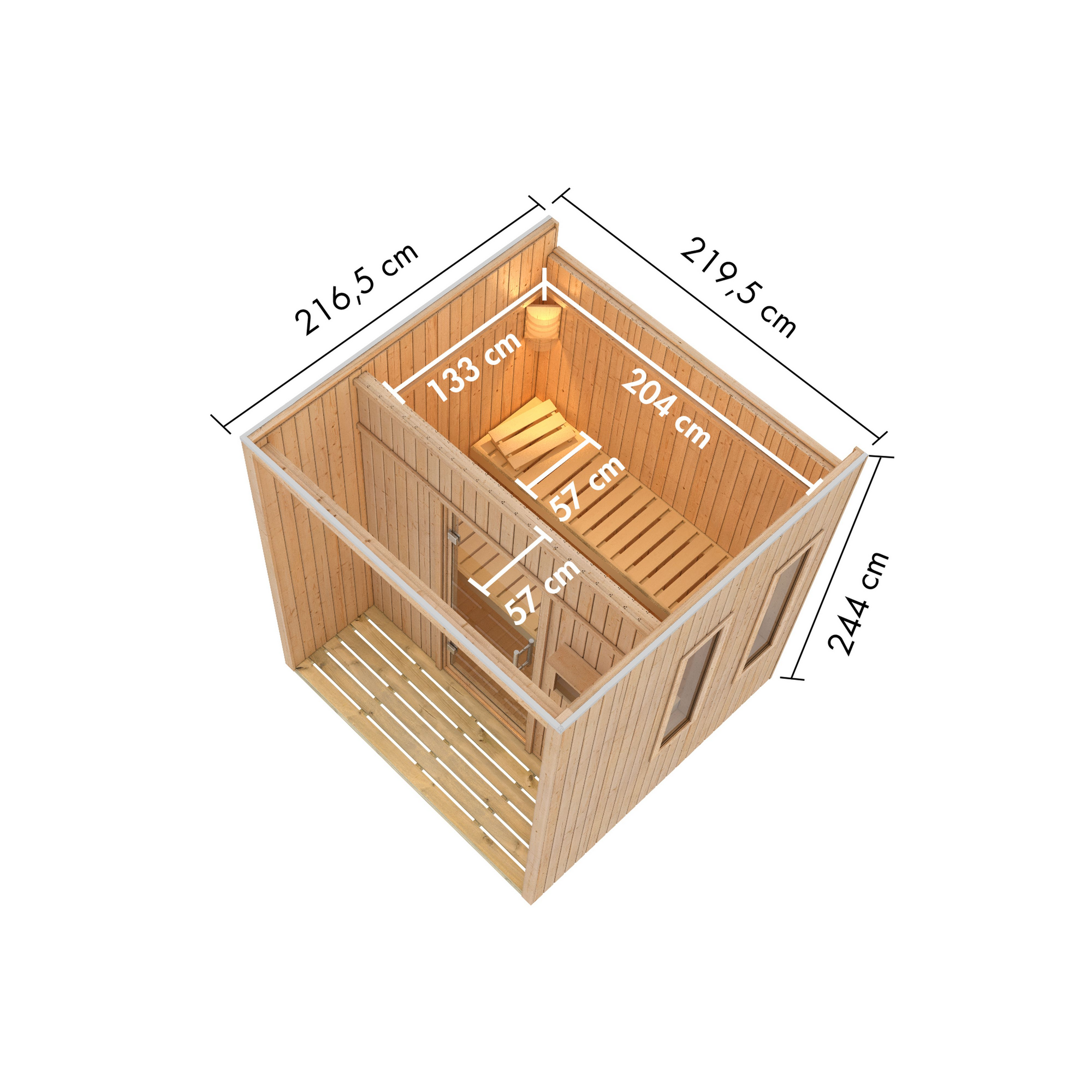 Saunahaus 'Orcadia' naturbelassen Ofen 9 kW Bio externe Steuerung 219,5 x 244 x 216,5 cm