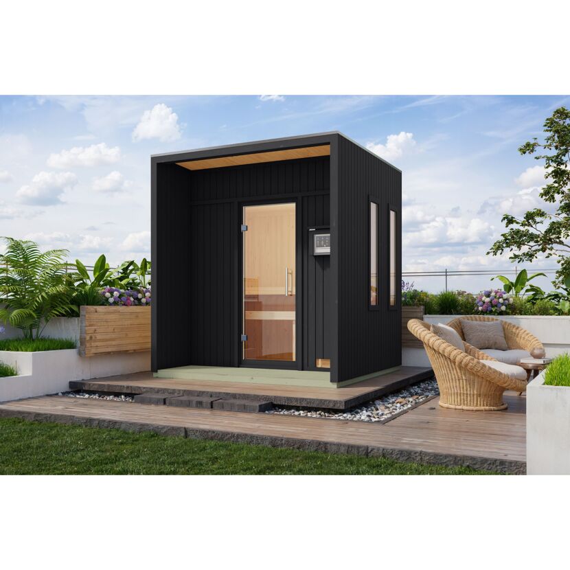 Saunahaus 'Orcadia' schwarz Ofen 9 kW externe Steuerung 219,5 x 244 x 216,5 cm