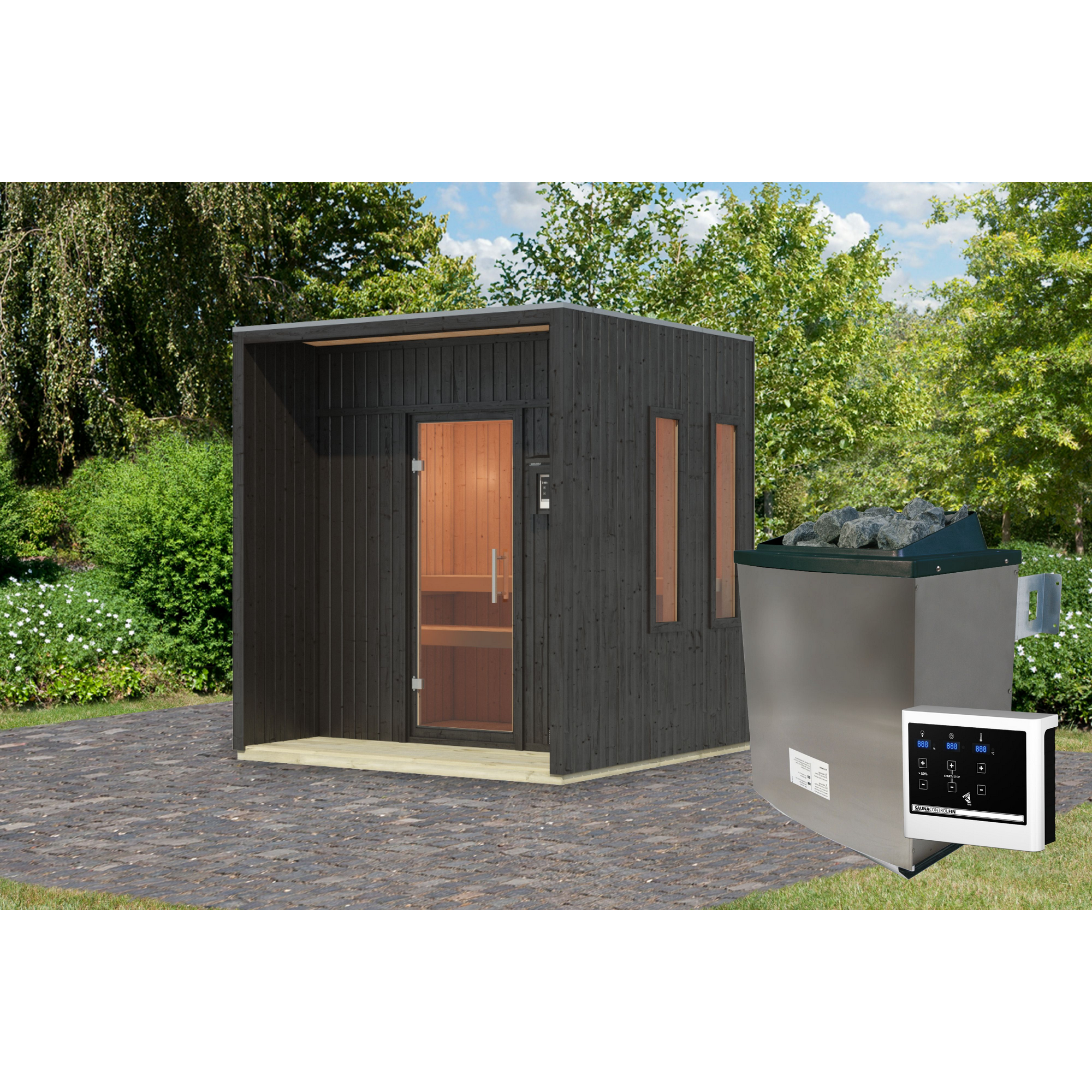 Saunahaus 'Orcadia' schwarz Ofen 9 kW externe Steuerung 219,5 x 244 x 216,5 cm