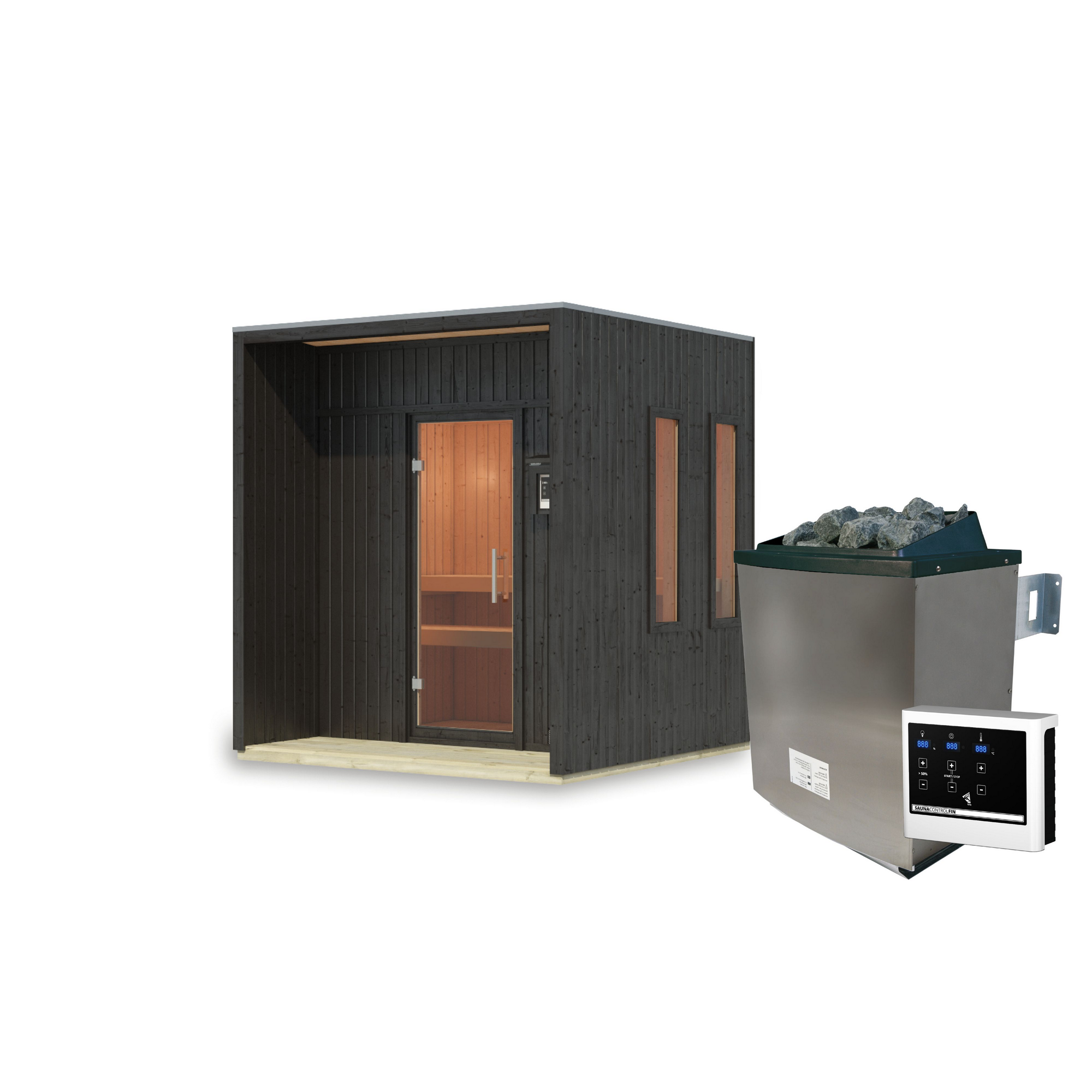 Saunahaus 'Orcadia' schwarz Ofen 9 kW externe Steuerung 219,5 x 244 x 216,5 cm