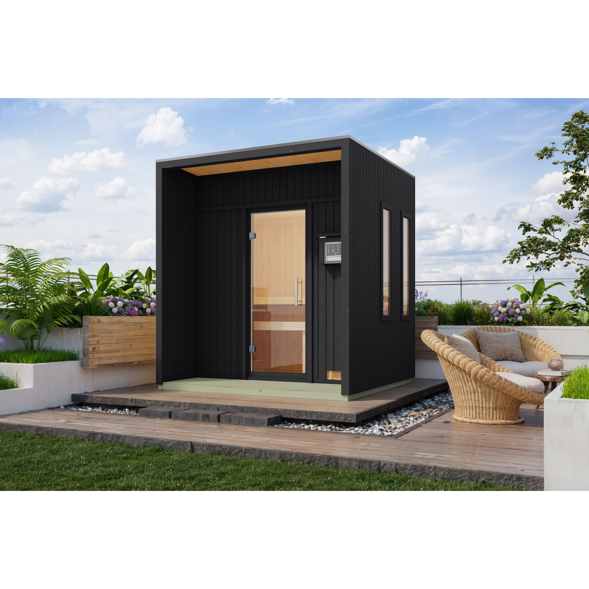Saunahaus 'Orcadia' schwarz Ofen 9 kW Bio externe Steuerung 219,5 x 244 x 216,5 cm