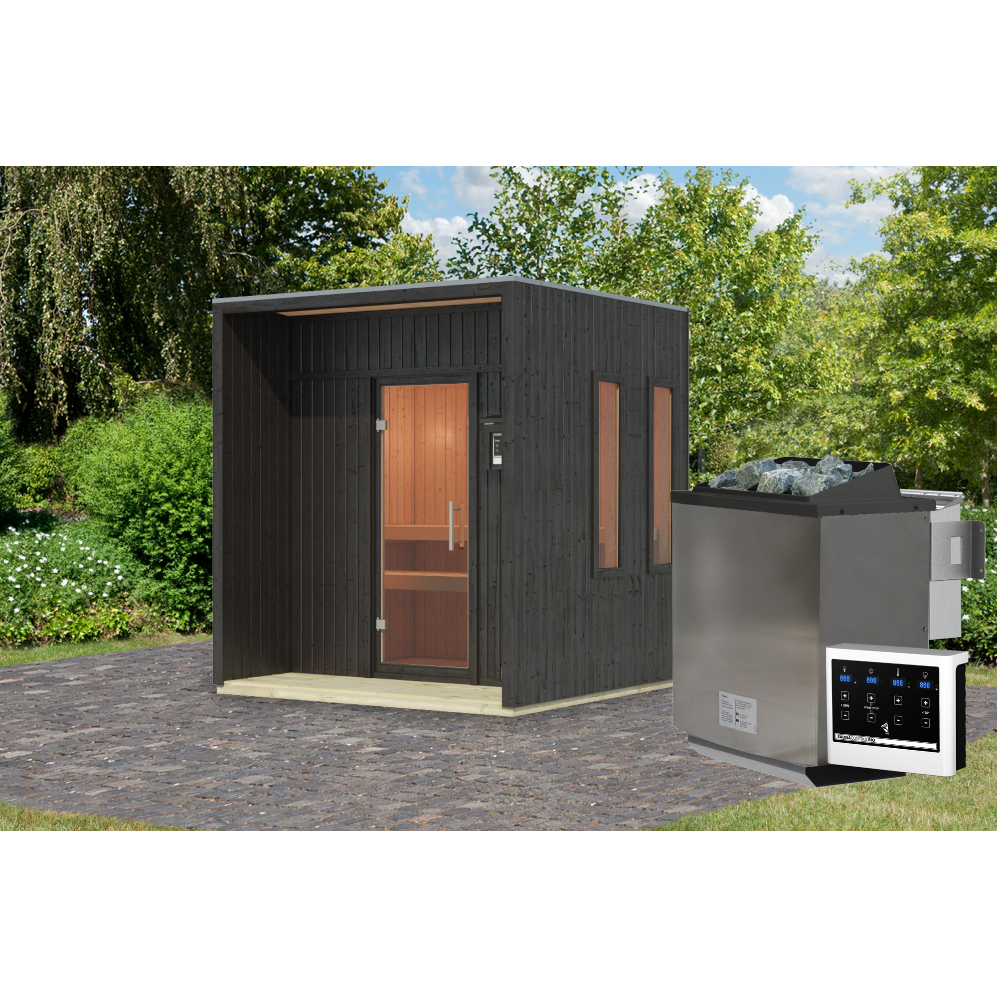 Saunahaus 'Orcadia' schwarz Ofen 9 kW Bio externe Steuerung 219,5 x 244 x 216,5 cm
