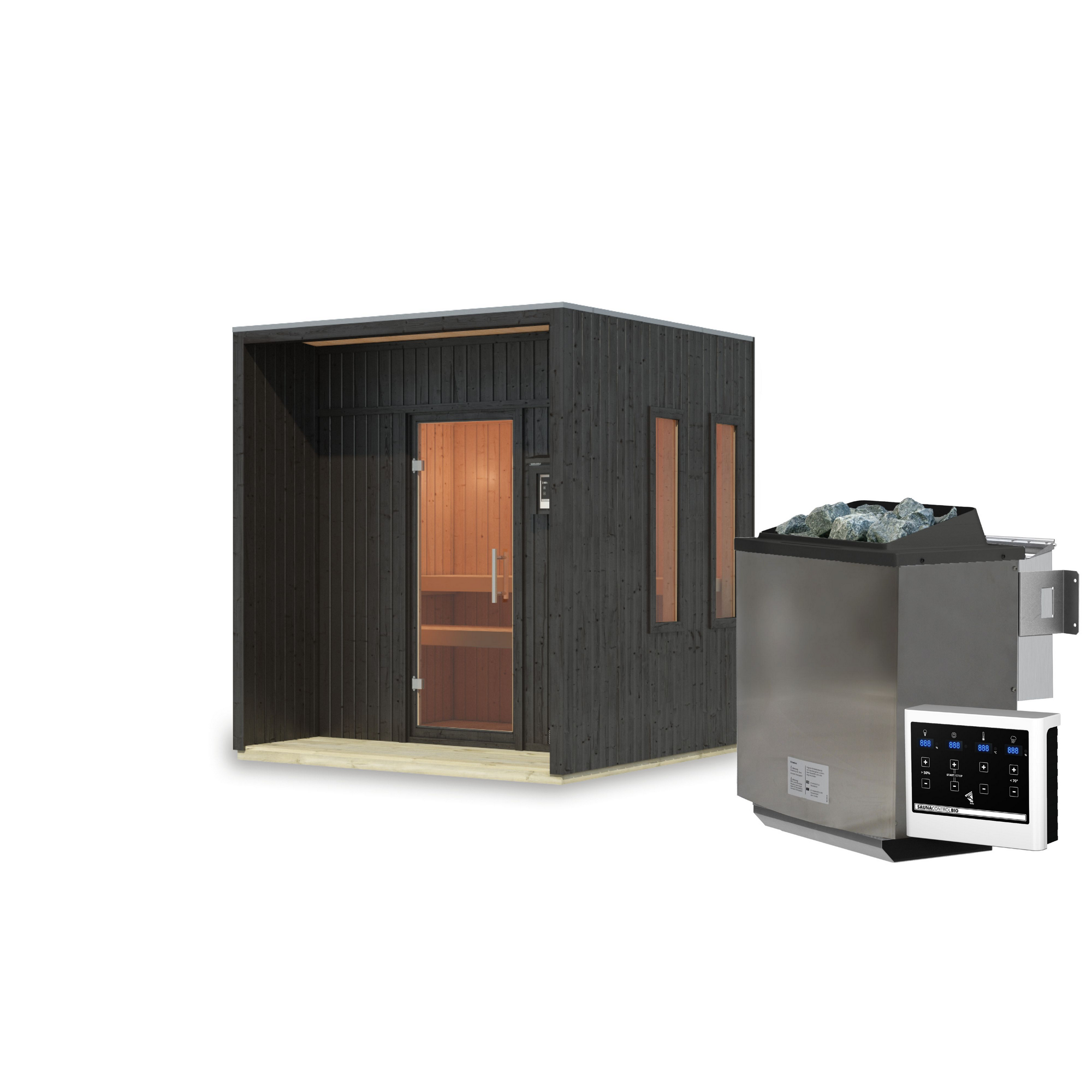 Saunahaus 'Orcadia' schwarz Ofen 9 kW Bio externe Steuerung 219,5 x 244 x 216,5 cm