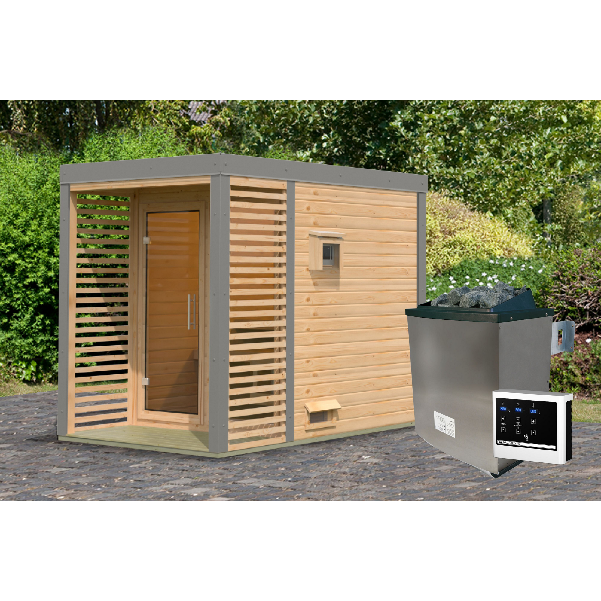 Saunahaus 'Aressa 1' naturbelassen / graualuminium Ofen 9 kW externe Steuerung 191 x 231,5 x 276 cm