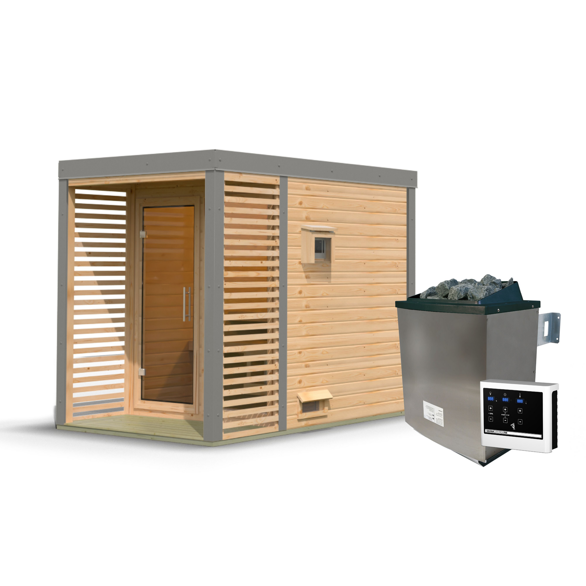 Saunahaus 'Aressa 1' naturbelassen / graualuminium Ofen 9 kW externe Steuerung 191 x 231,5 x 276 cm