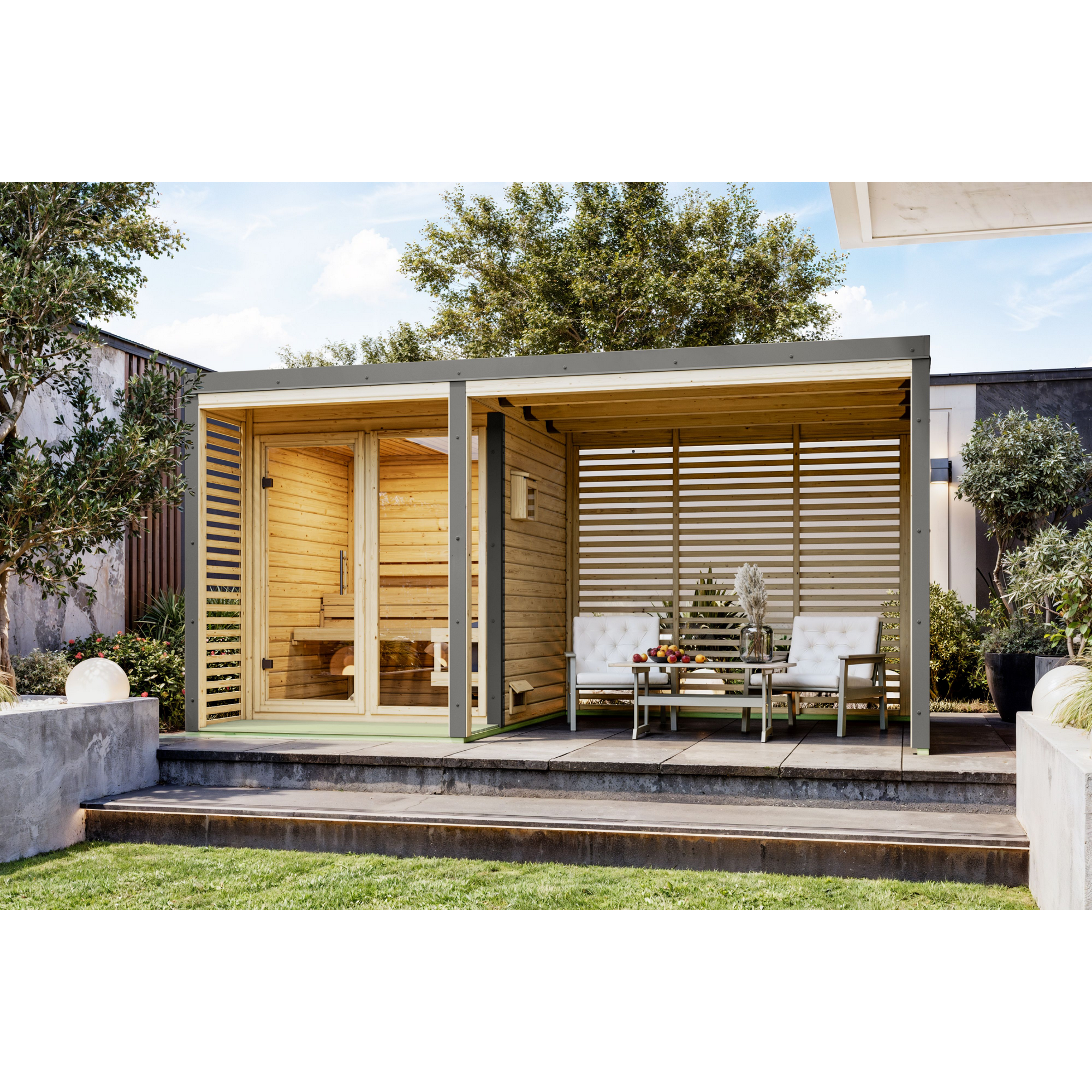Saunahaus 'Aressa 1' naturbelassen / graualuminium Ofen 9 kW Bio externe Steuerung 191 x 231,5 x 276 cm