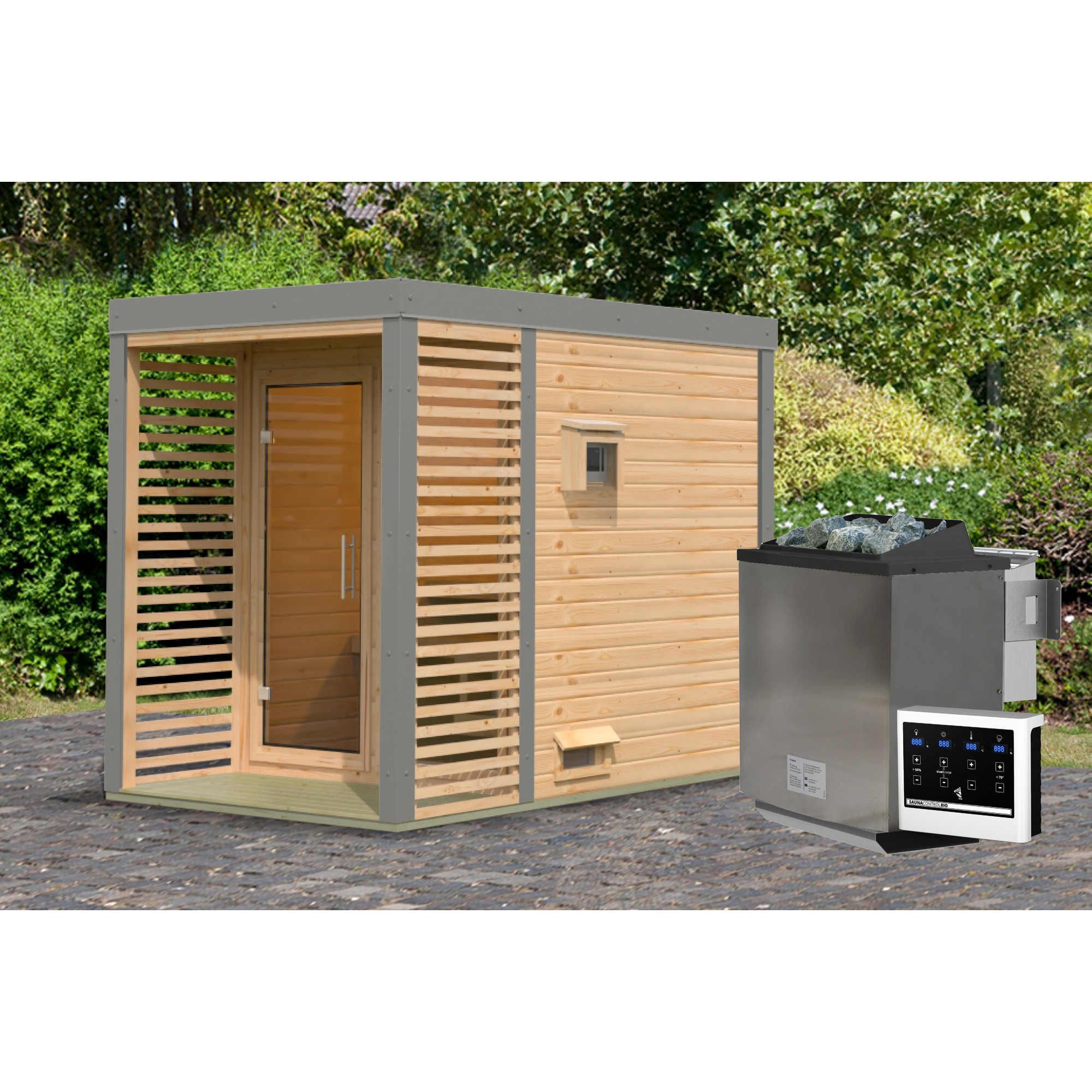 Saunahaus 'Aressa 1' naturbelassen / graualuminium Ofen 9 kW Bio externe Steuerung 191 x 231,5 x 276 cm