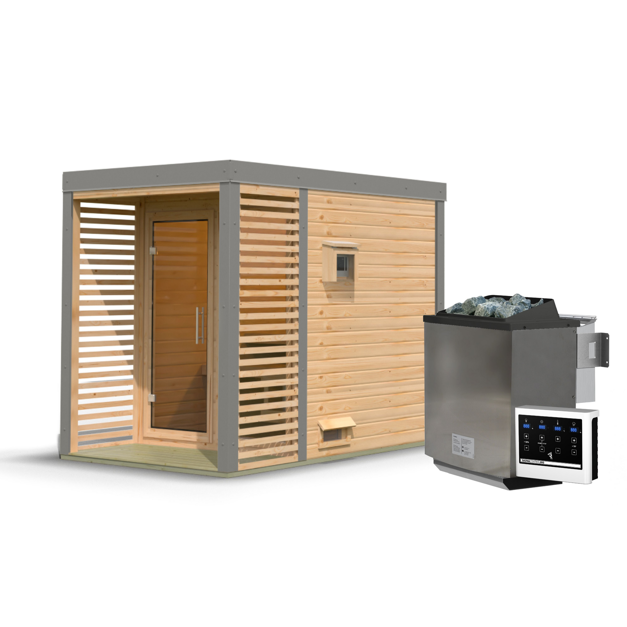 Saunahaus 'Aressa 1' naturbelassen / graualuminium Ofen 9 kW Bio externe Steuerung 191 x 231,5 x 276 cm
