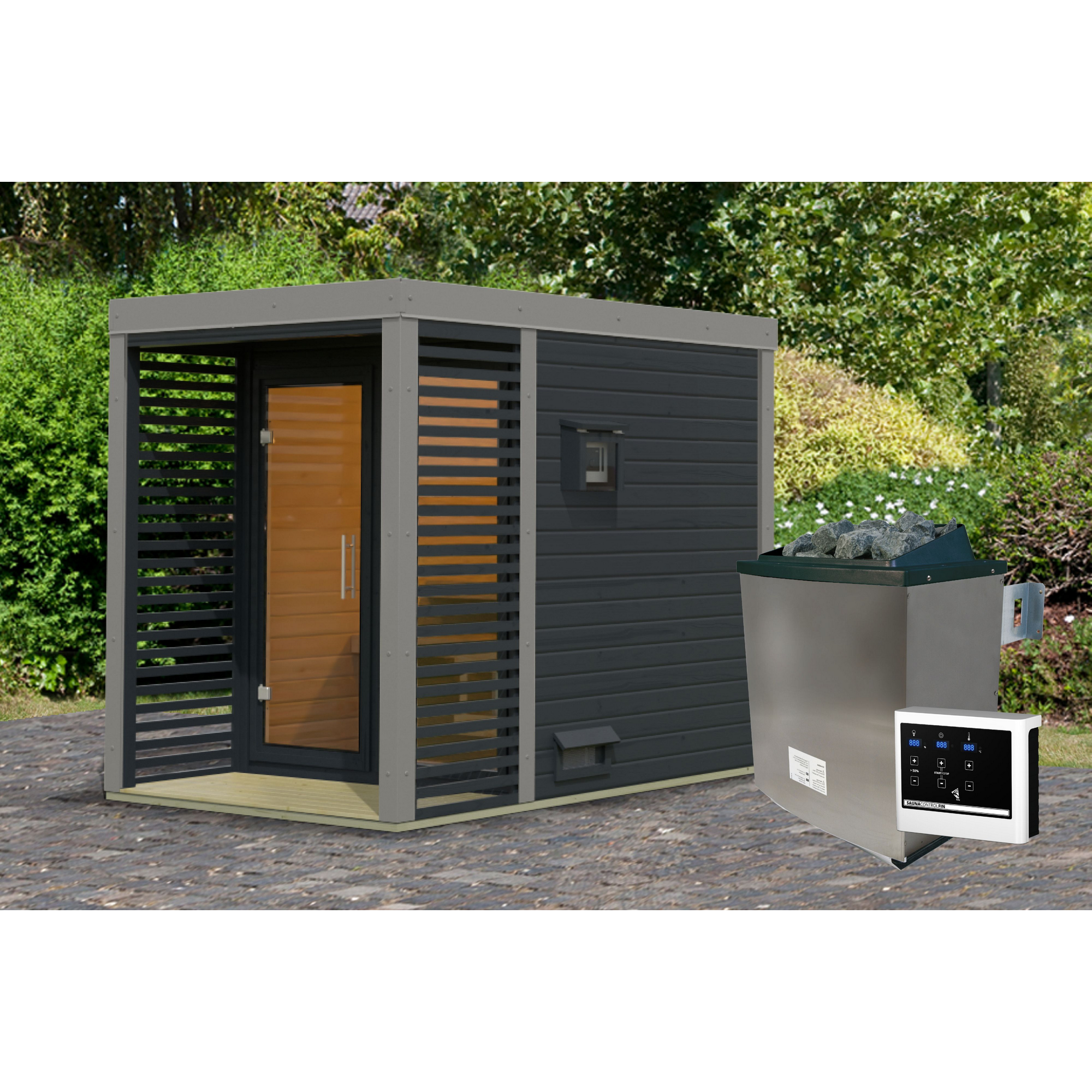 Saunahaus 'Aressa 1' anthrazit / graualuminium Ofen 9 kW externe Steuerung 191 x 231,5 x 276 cm