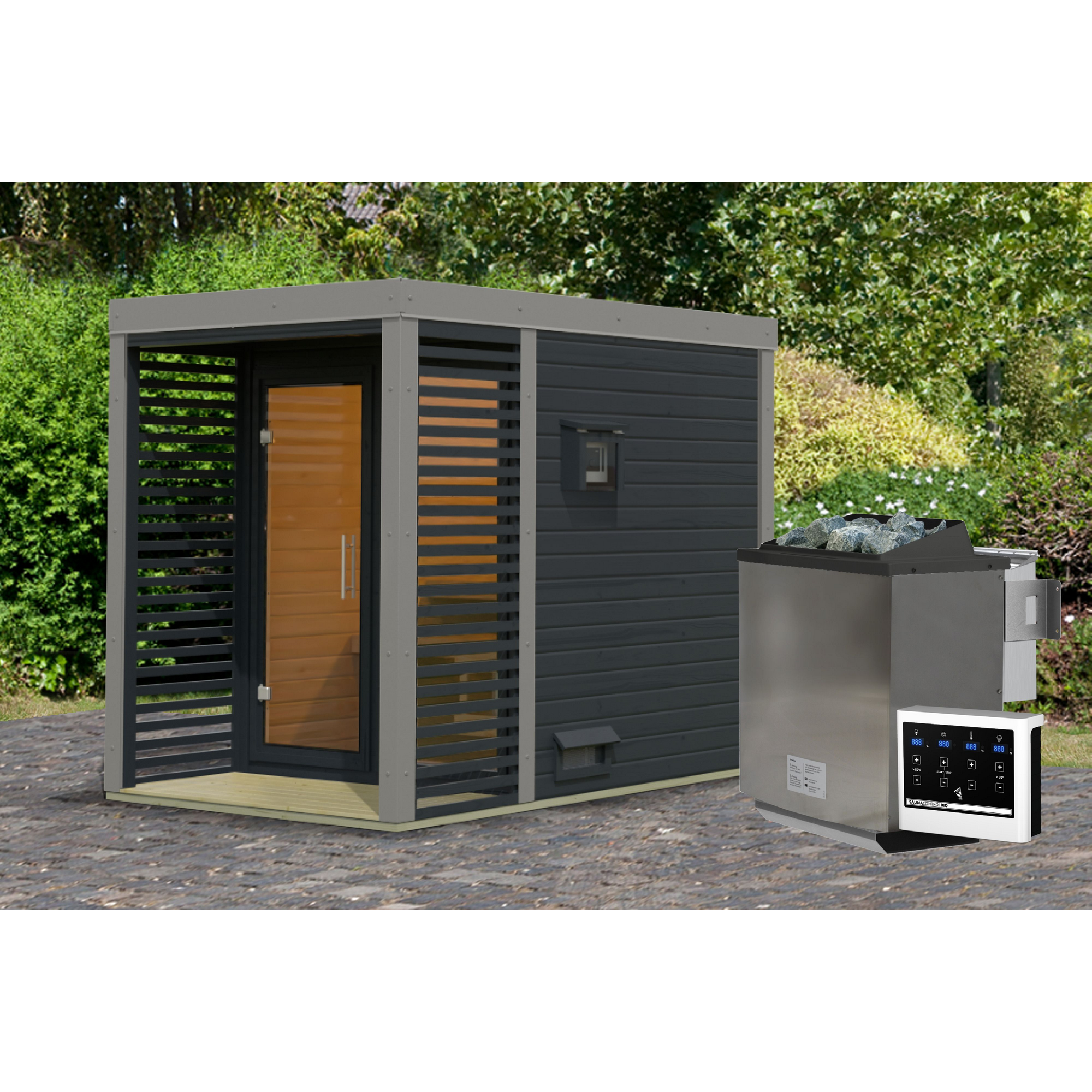 Saunahaus 'Aressa 1' anthrazit / graualuminium Ofen 9 kW Bio externe Steuerung 191 x 231,5 x 276 cm