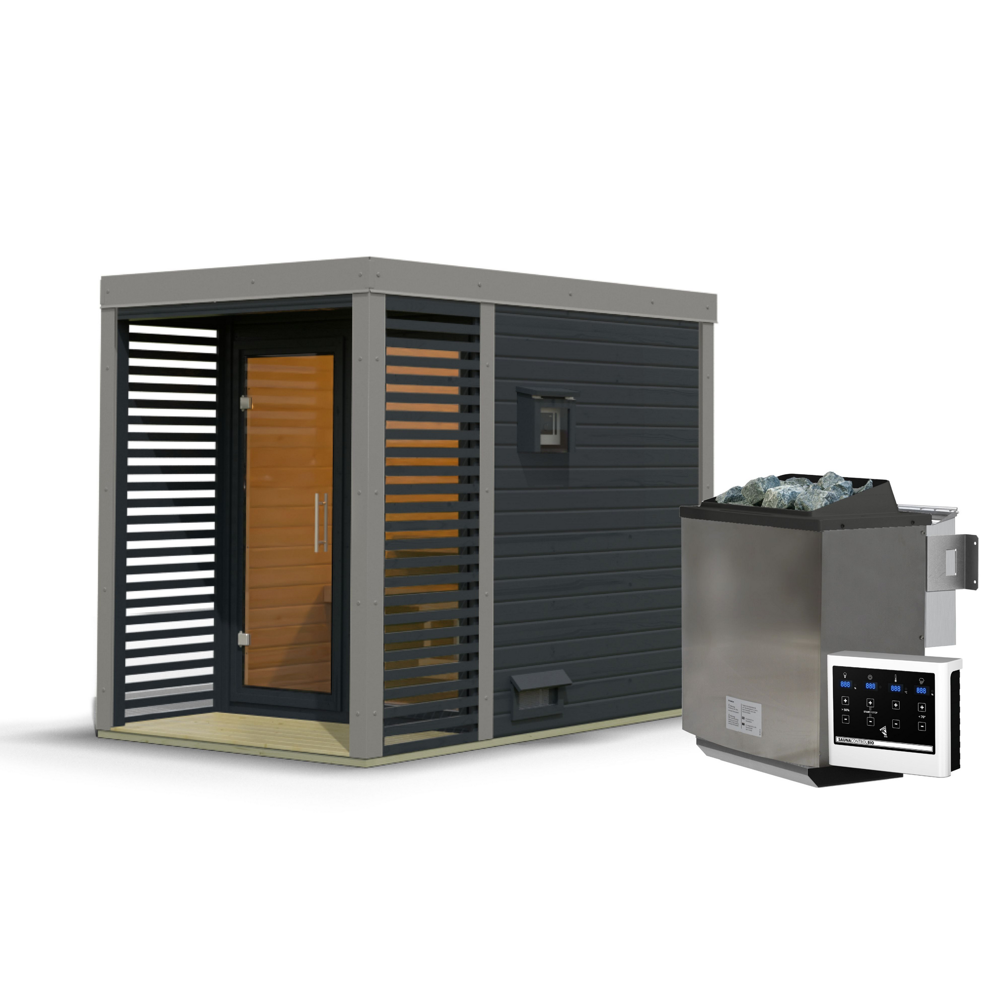 Saunahaus 'Aressa 1' anthrazit / graualuminium Ofen 9 kW Bio externe Steuerung 191 x 231,5 x 276 cm