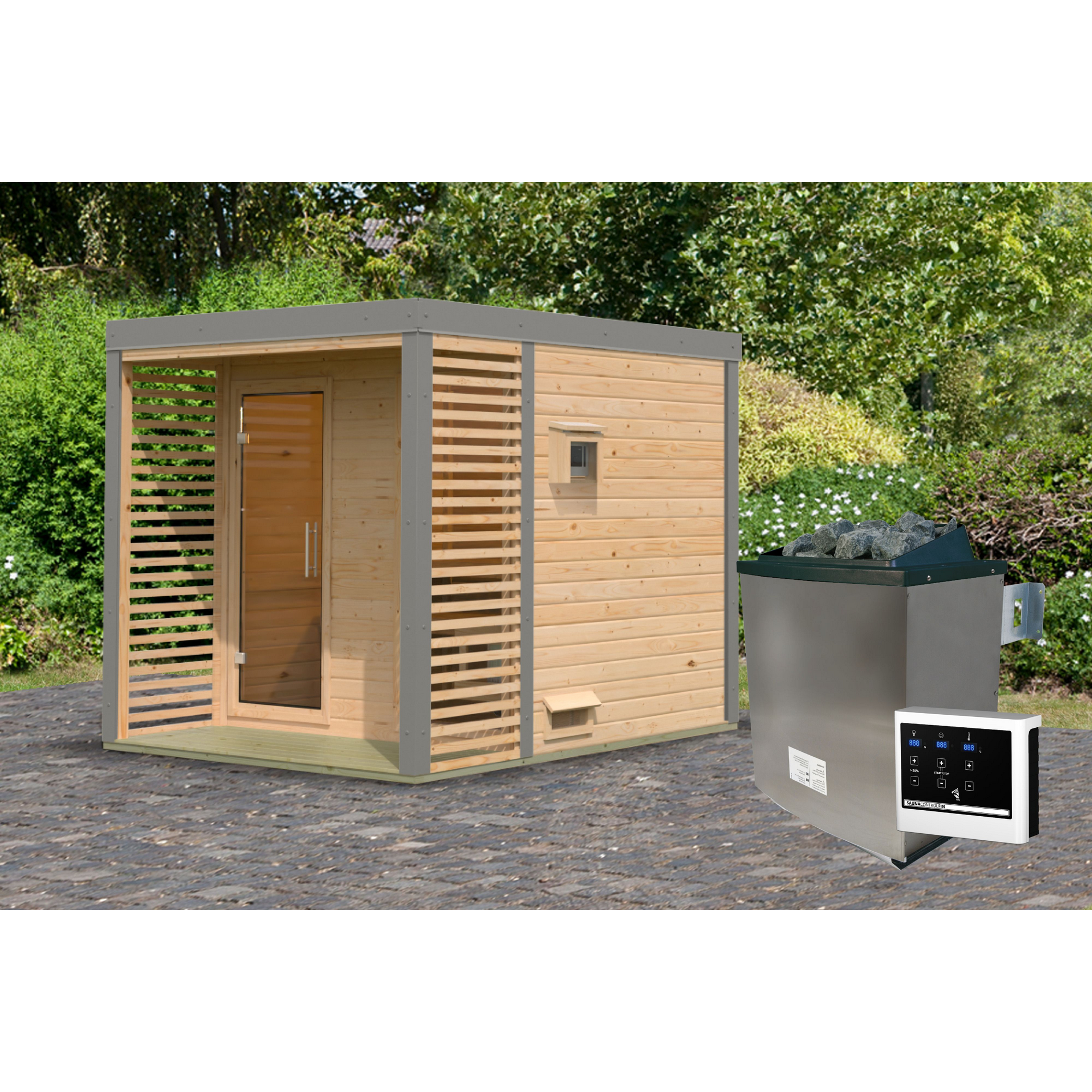 Saunahaus 'Aressa 2' naturbelassen / graualuminium Ofen 9 kW externe Steuerung 231 x 231,5 x 276 cm