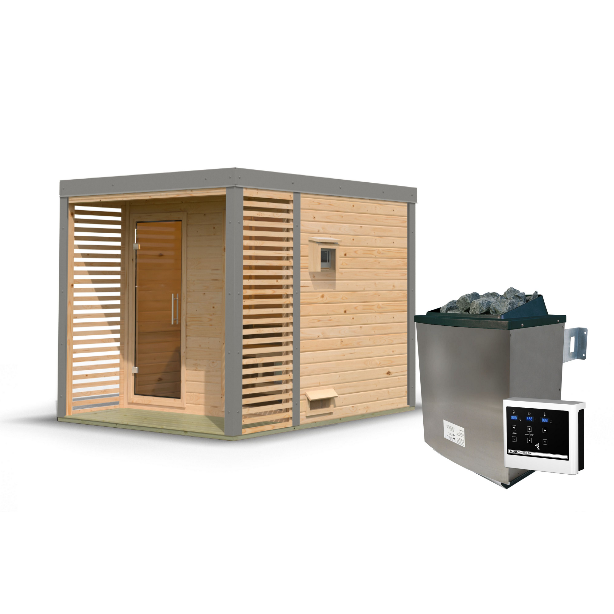 Saunahaus 'Aressa 2' naturbelassen / graualuminium Ofen 9 kW externe Steuerung 231 x 231,5 x 276 cm