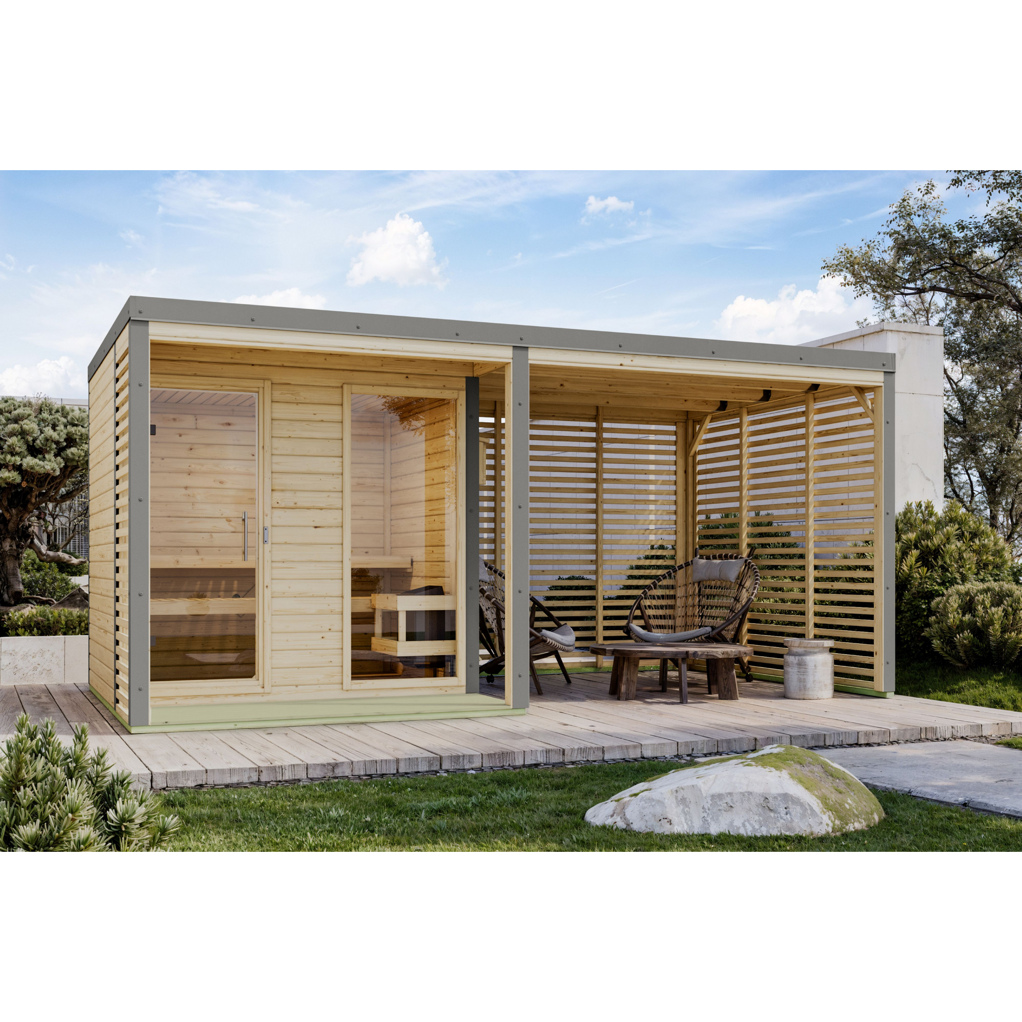 Saunahaus 'Aressa 2' naturbelassen / graualuminium Ofen 9 kW Bio externe Steuerung 231 x 231,5 x 276 cm