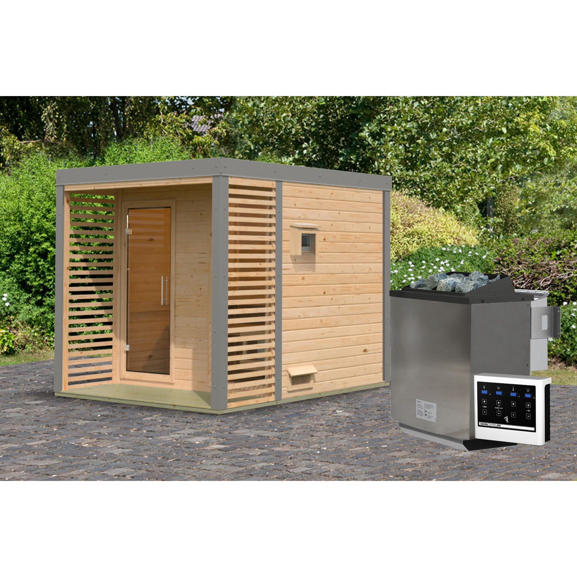 Saunahaus 'Aressa 2' naturbelassen / graualuminium Ofen 9 kW Bio externe Steuerung 231 x 231,5 x 276 cm