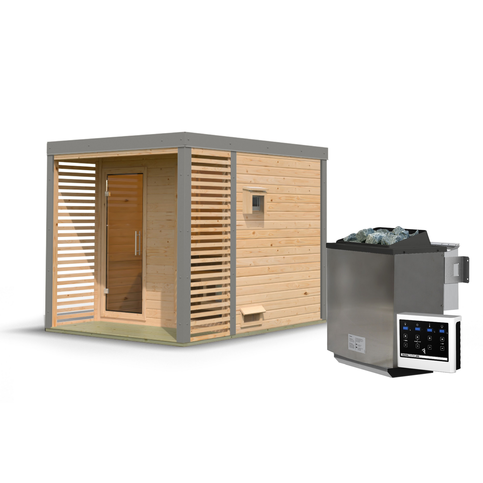 Saunahaus 'Aressa 2' naturbelassen / graualuminium Ofen 9 kW Bio externe Steuerung 231 x 231,5 x 276 cm