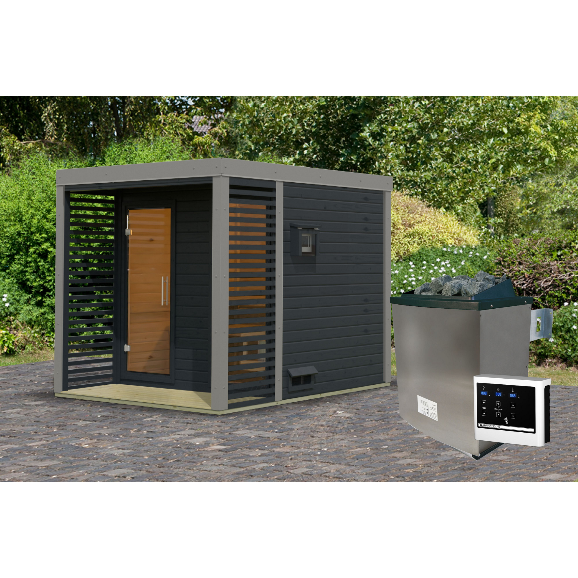 Saunahaus 'Aressa 2' anthrazit / graualuminium Ofen 9 kW externe Steuerung 231 x 231,5 x 276 cm