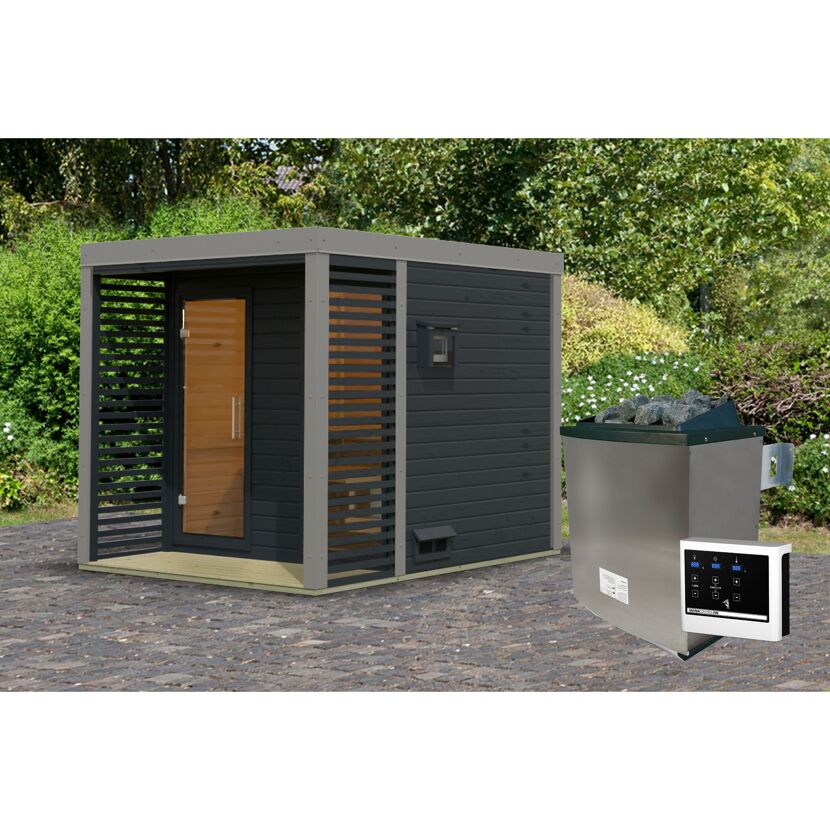 Saunahaus 'Aressa 2' anthrazit / graualuminium Ofen 9 kW externe Steuerung 231 x 231,5 x 276 cm