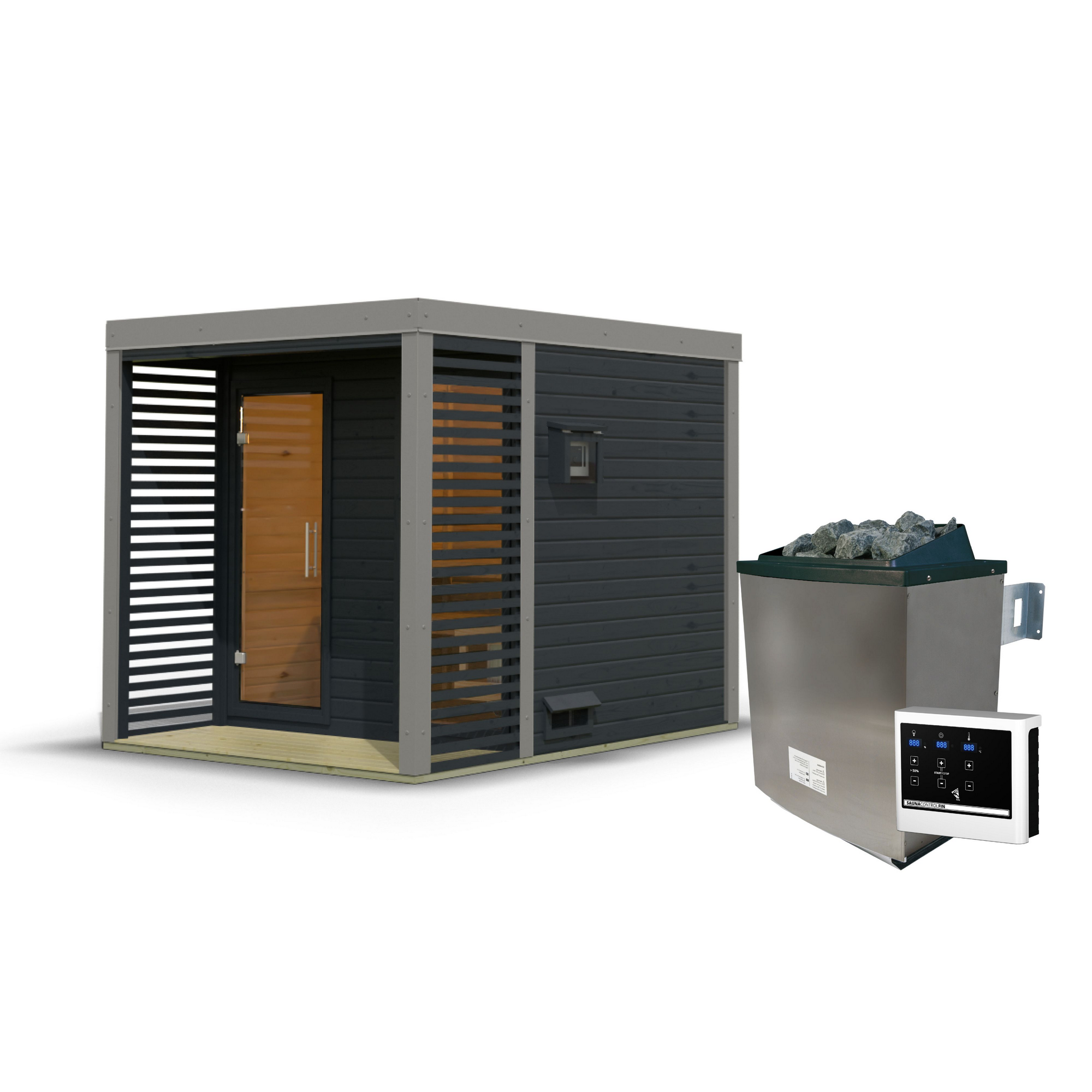 Saunahaus 'Aressa 2' anthrazit / graualuminium Ofen 9 kW externe Steuerung 231 x 231,5 x 276 cm