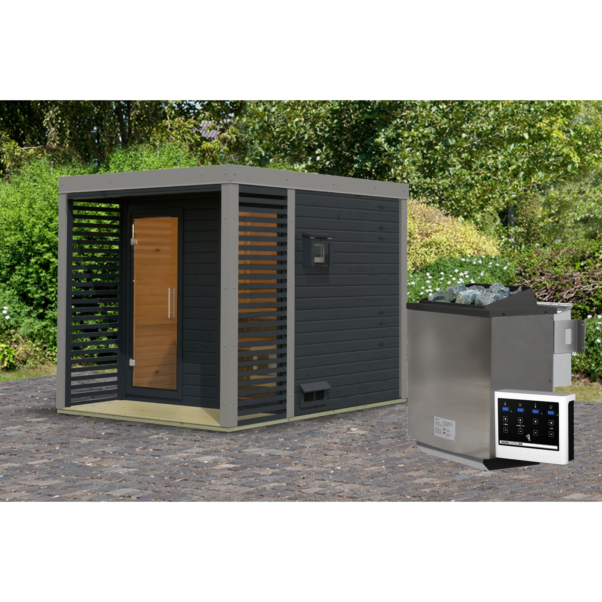Saunahaus 'Aressa 2' anthrazit / graualuminium Ofen 9 kW Bio externe Steuerung 231 x 231,5 x 276 cm