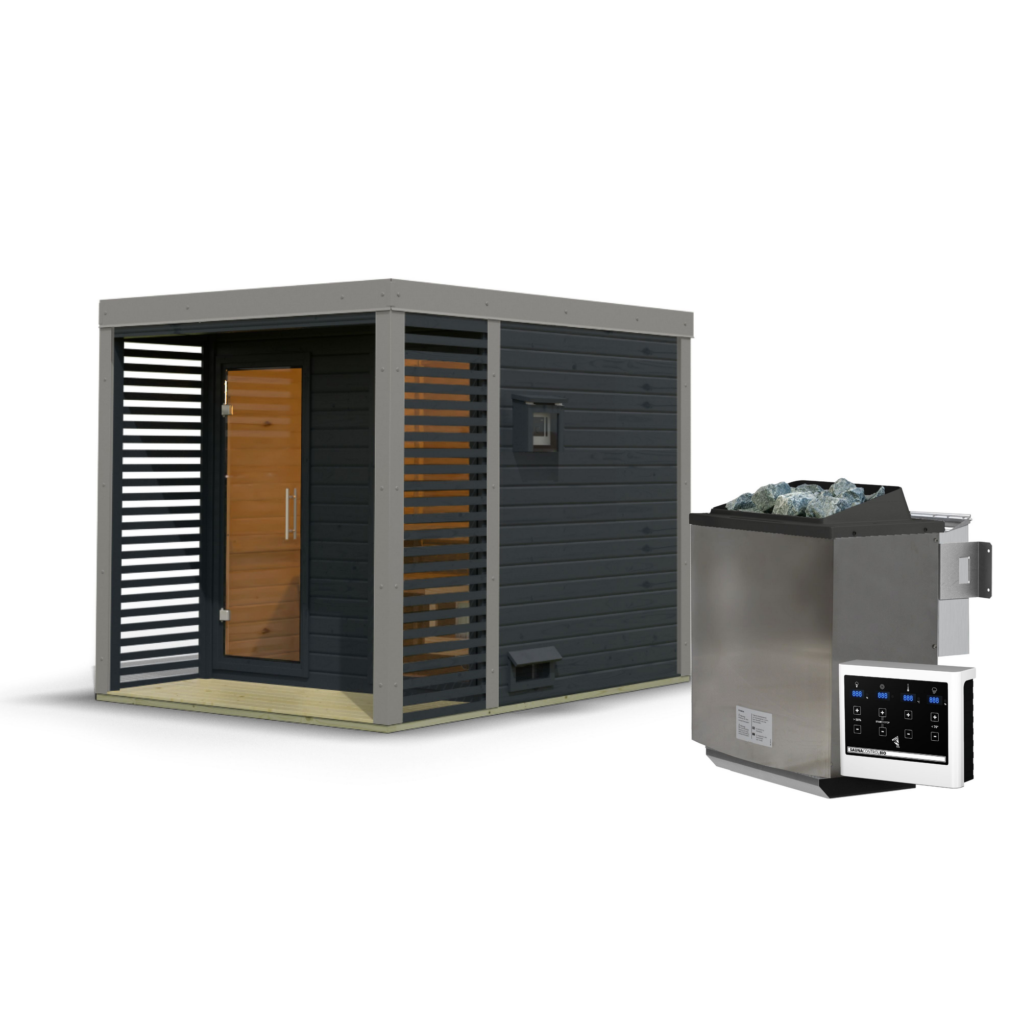 Saunahaus 'Aressa 2' anthrazit / graualuminium Ofen 9 kW Bio externe Steuerung 231 x 231,5 x 276 cm