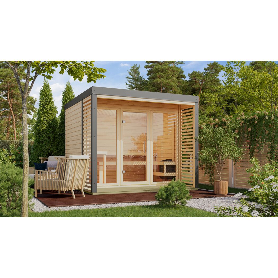 Saunahaus 'Aressa 3' naturbelassen / graualuminium Ofen 9 kW externe Steuerung 276 x 231,5 x 276 cm