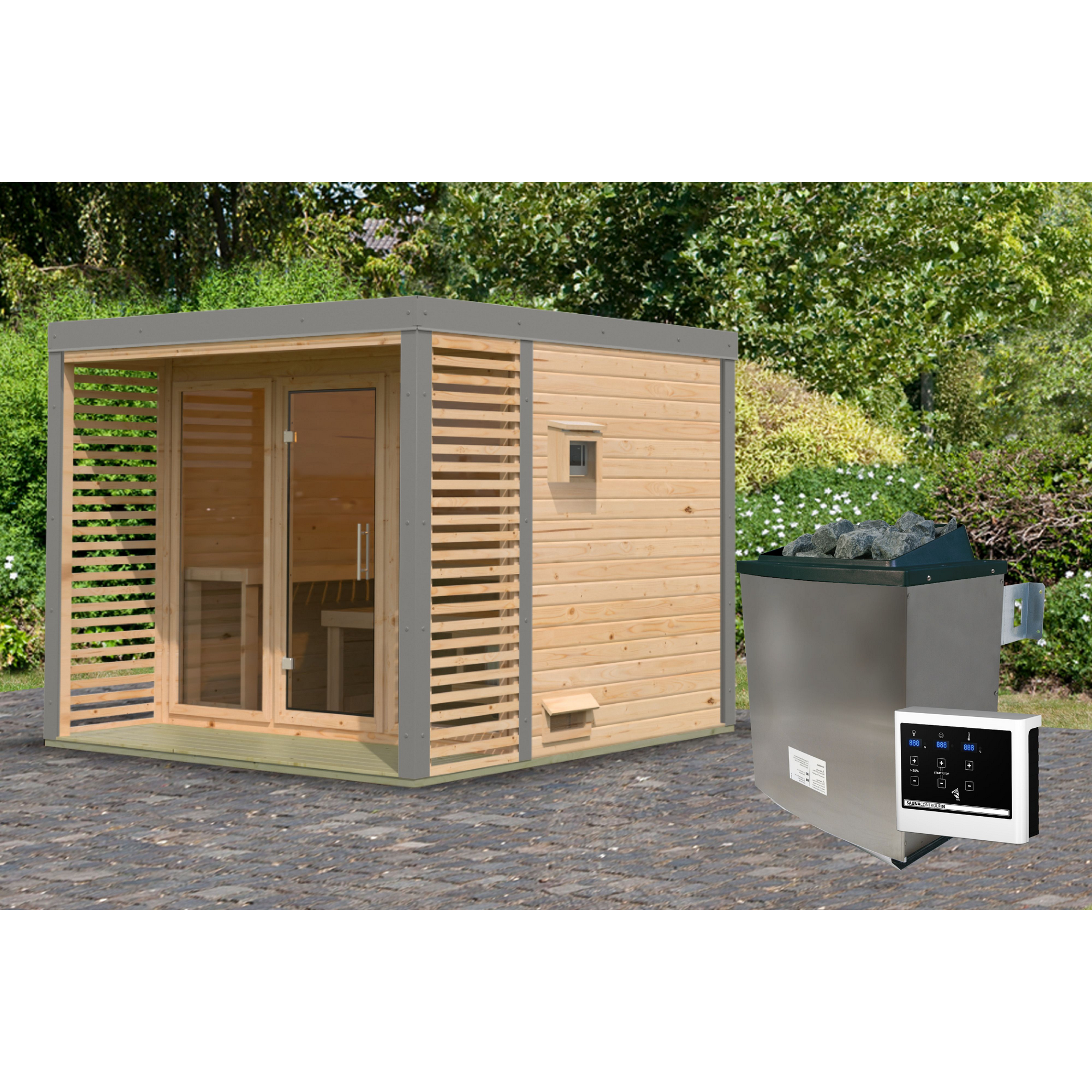 Saunahaus 'Aressa 3' naturbelassen / graualuminium Ofen 9 kW externe Steuerung 276 x 231,5 x 276 cm