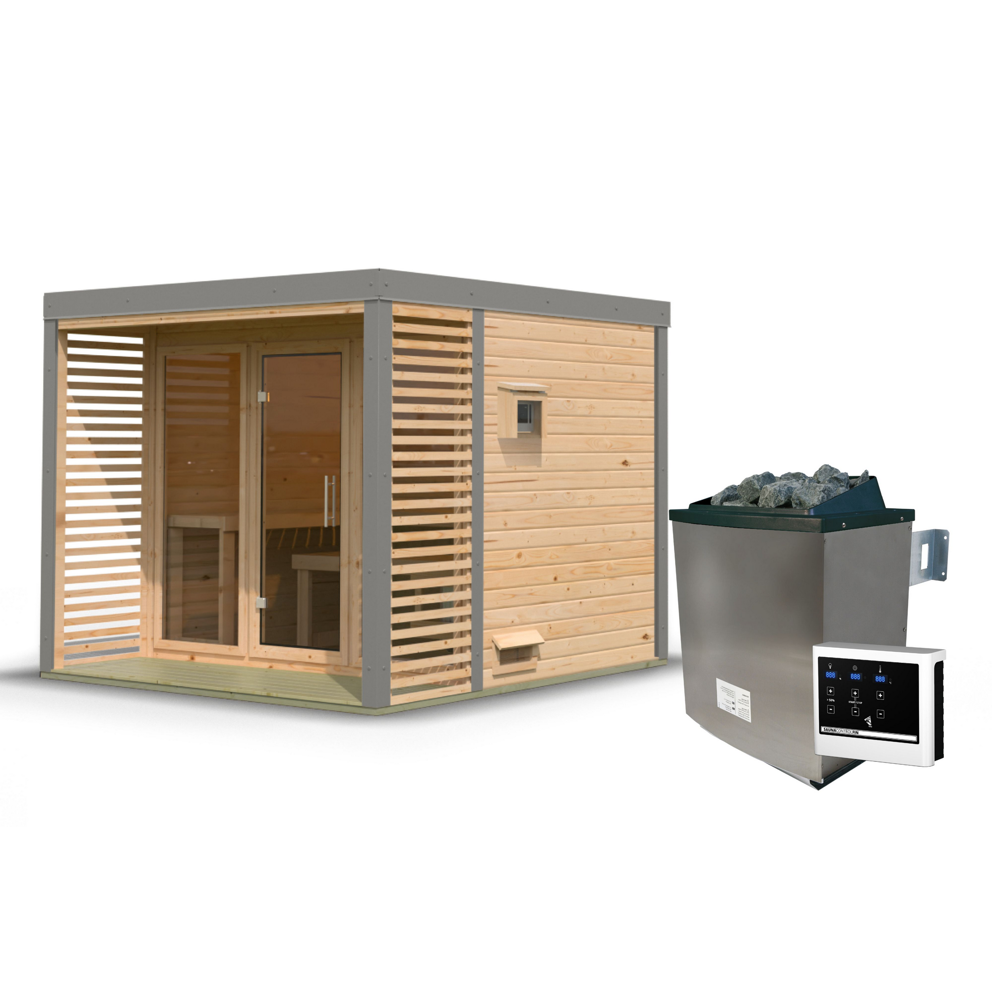 Saunahaus 'Aressa 3' naturbelassen / graualuminium Ofen 9 kW externe Steuerung 276 x 231,5 x 276 cm