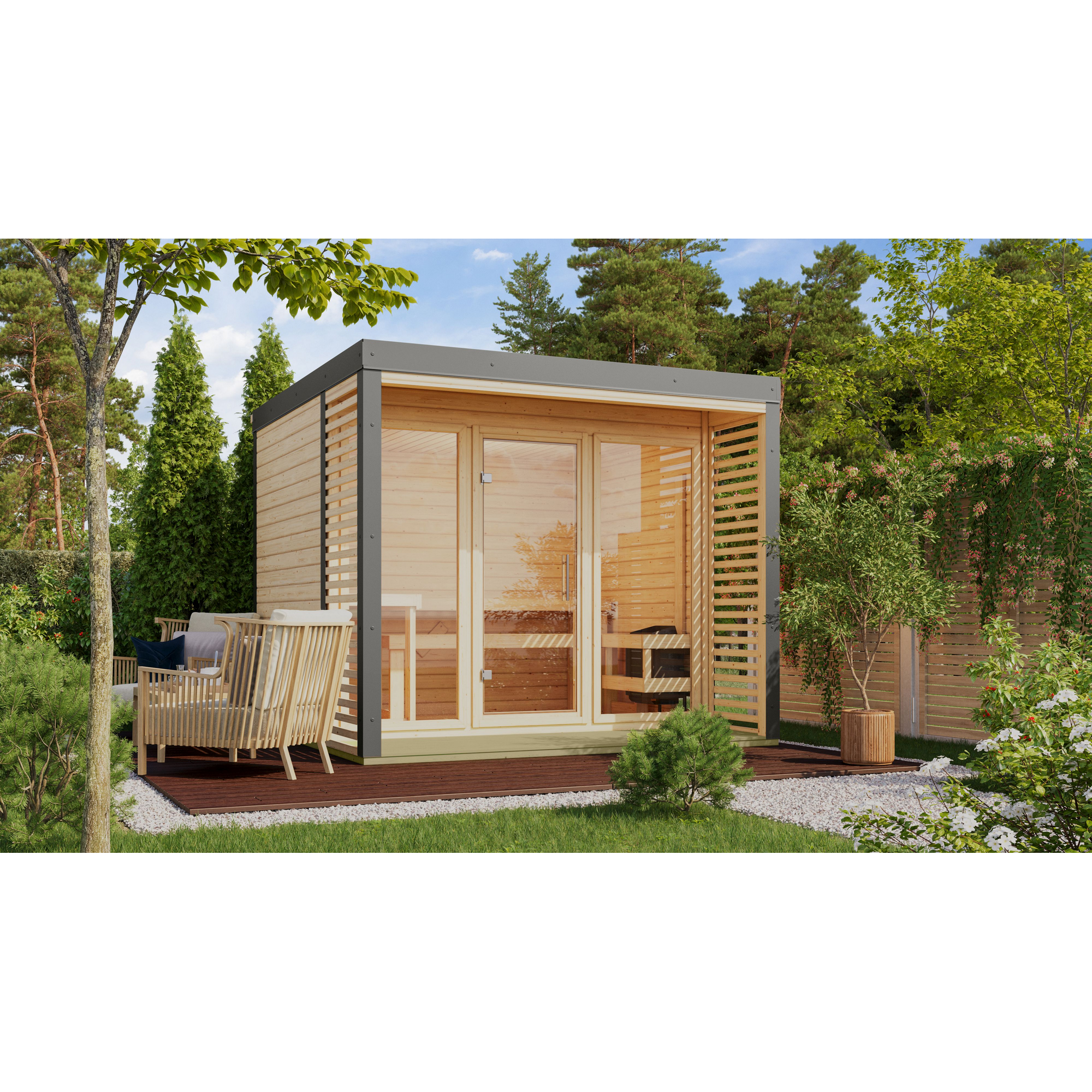 Saunahaus 'Aressa 3' naturbelassen / graualuminium Ofen 9 kW Bio externe Steuerung 276 x 231,5 x 276 cm