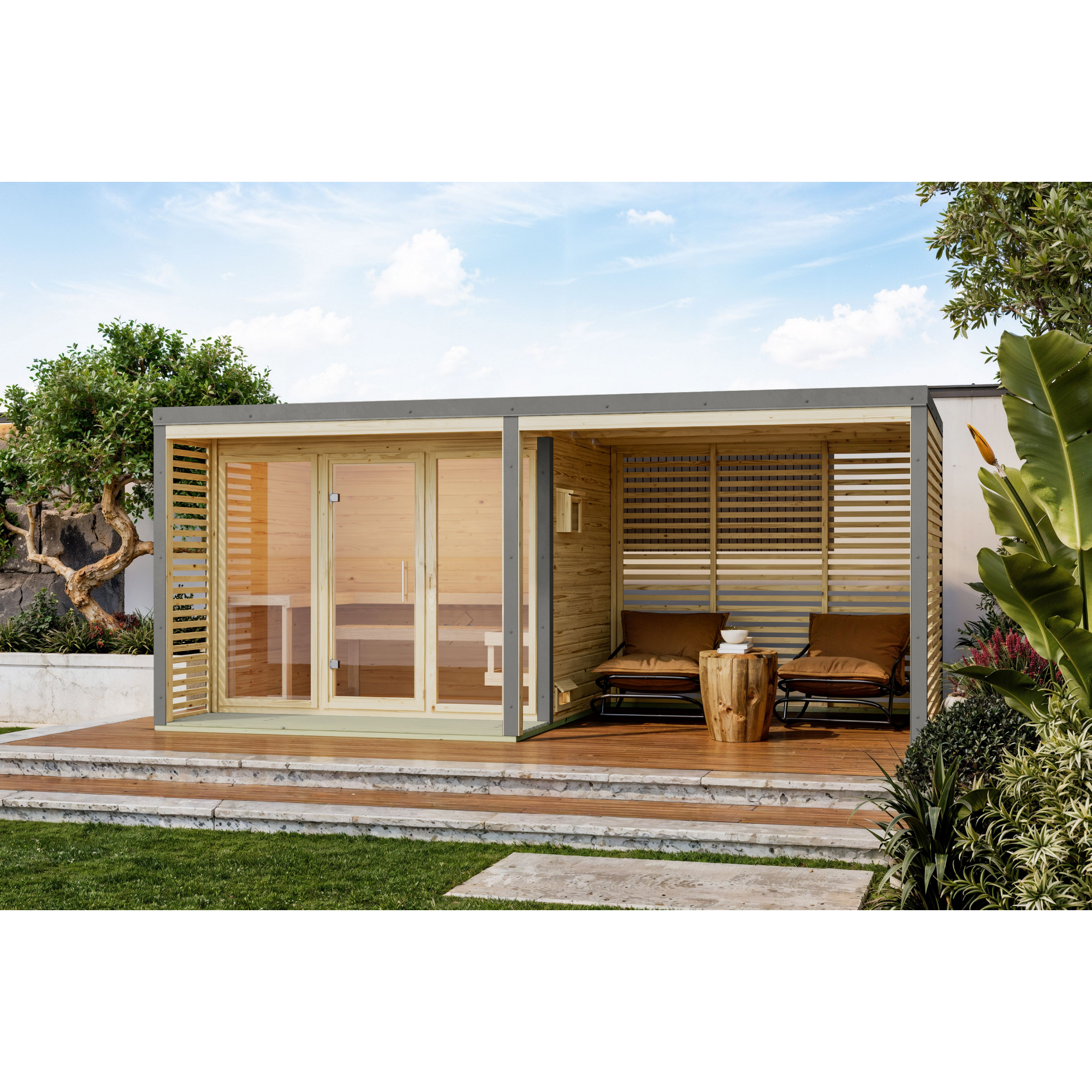 Saunahaus 'Aressa 3' naturbelassen / graualuminium Ofen 9 kW Bio externe Steuerung 276 x 231,5 x 276 cm