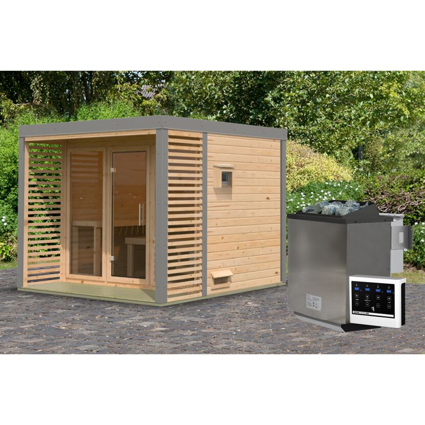 Saunahaus 'Aressa 3' naturbelassen / graualuminium Ofen 9 kW Bio externe Steuerung 276 x 231,5 x 276 cm