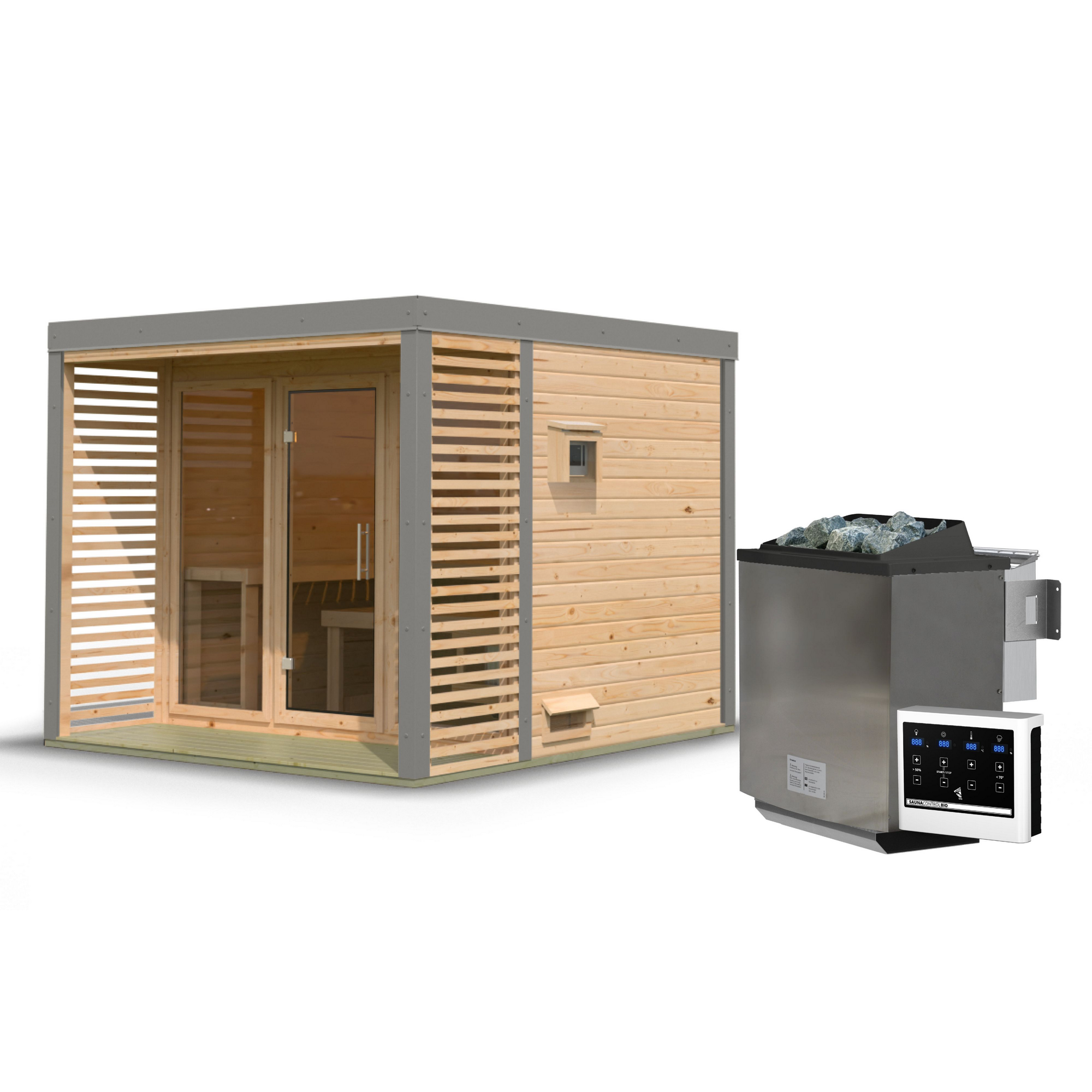 Saunahaus 'Aressa 3' naturbelassen / graualuminium Ofen 9 kW Bio externe Steuerung 276 x 231,5 x 276 cm