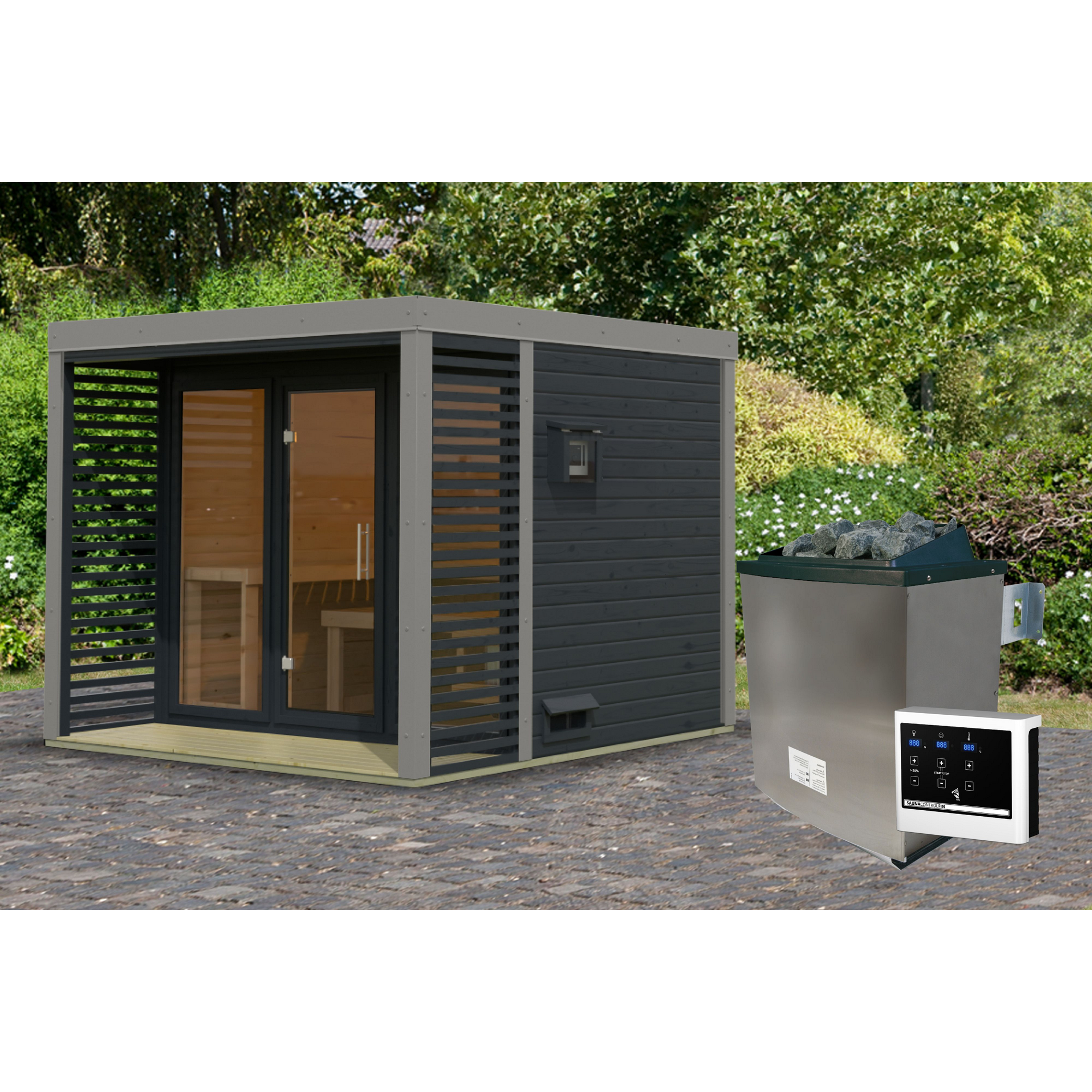 Saunahaus 'Aressa 3' anthrazit / graualuminium Ofen 9 kW extg. Strg 276 x 231,5 x 276 cm