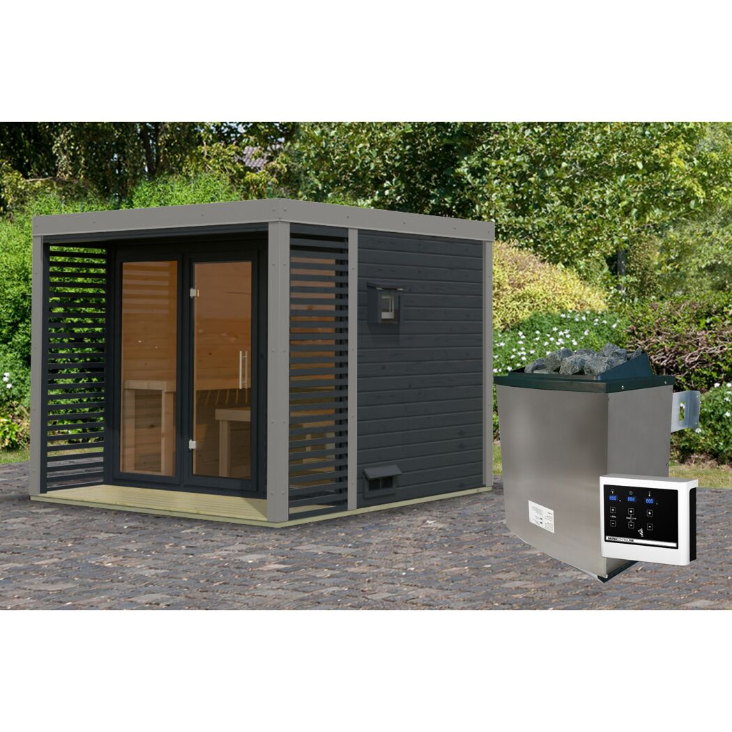 Saunahaus 'Aressa 3' anthrazit / graualuminium Ofen 9 kW extg. Strg 276 x 231,5 x 276 cm