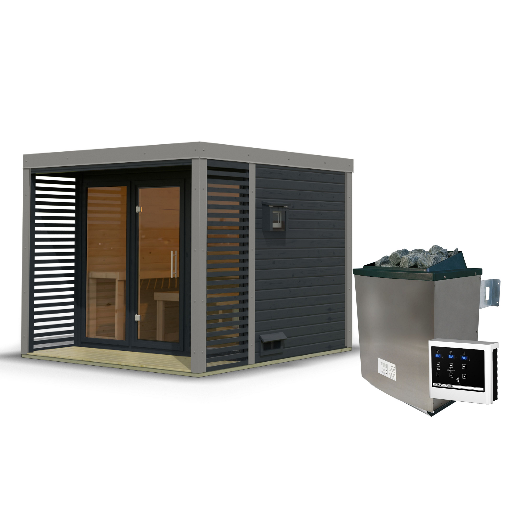 Saunahaus 'Aressa 3' anthrazit / graualuminium Ofen 9 kW extg. Strg 276 x 231,5 x 276 cm