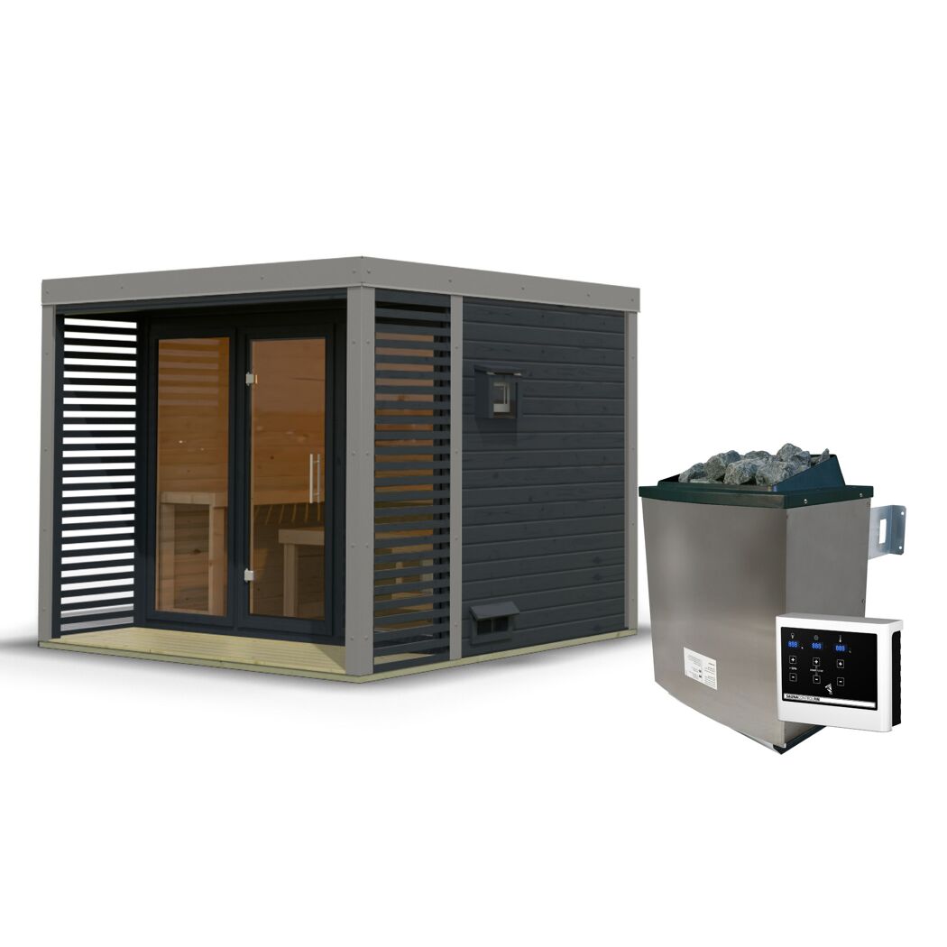 Saunahaus 'Aressa 3' anthrazit / graualuminium Ofen 9 kW extg. Strg 276 x 231,5 x 276 cm