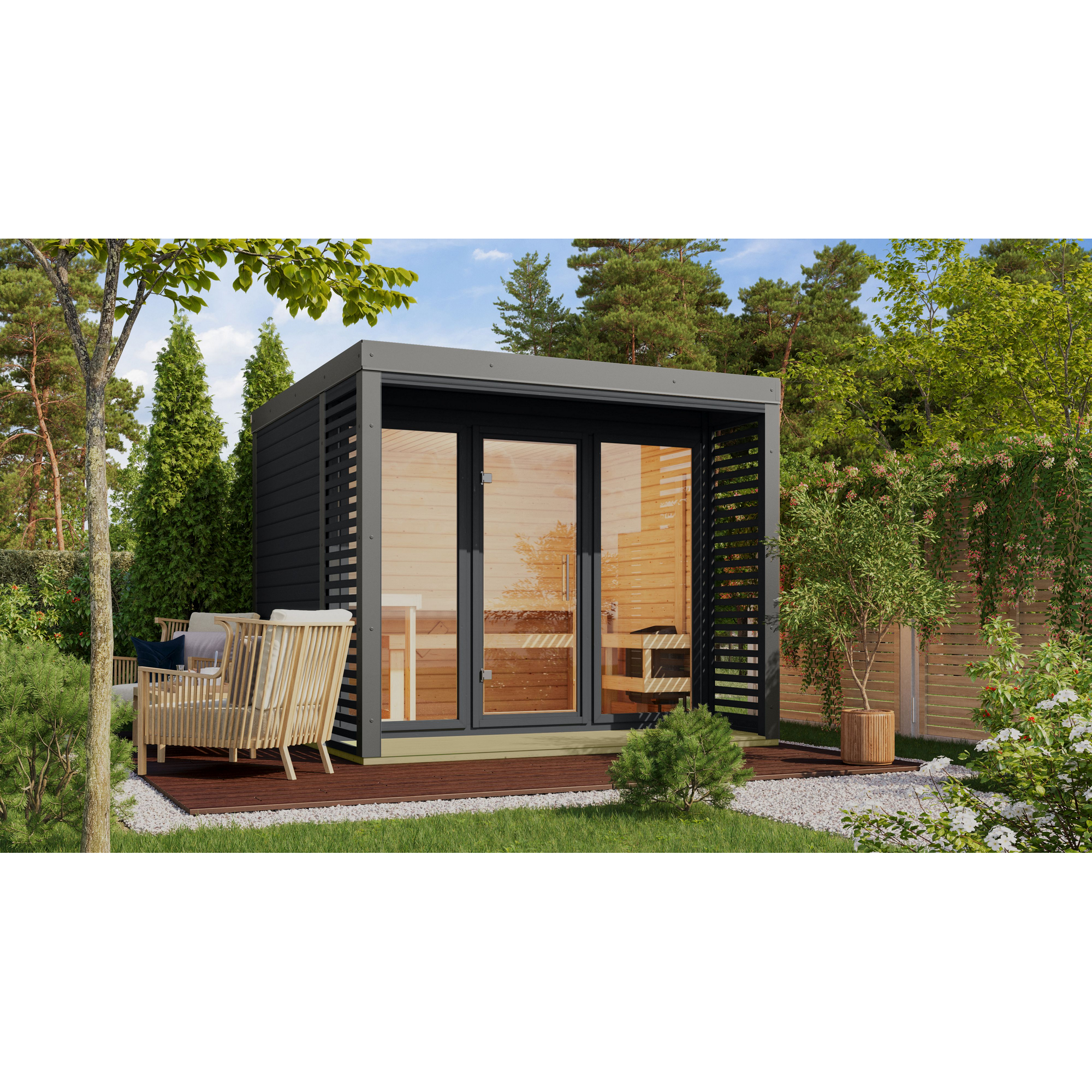Saunahaus 'Aressa 3' anthrazit / graualuminium Ofen 9 kW Bio externe Steuerung 276 x 231,5 x 276 cm