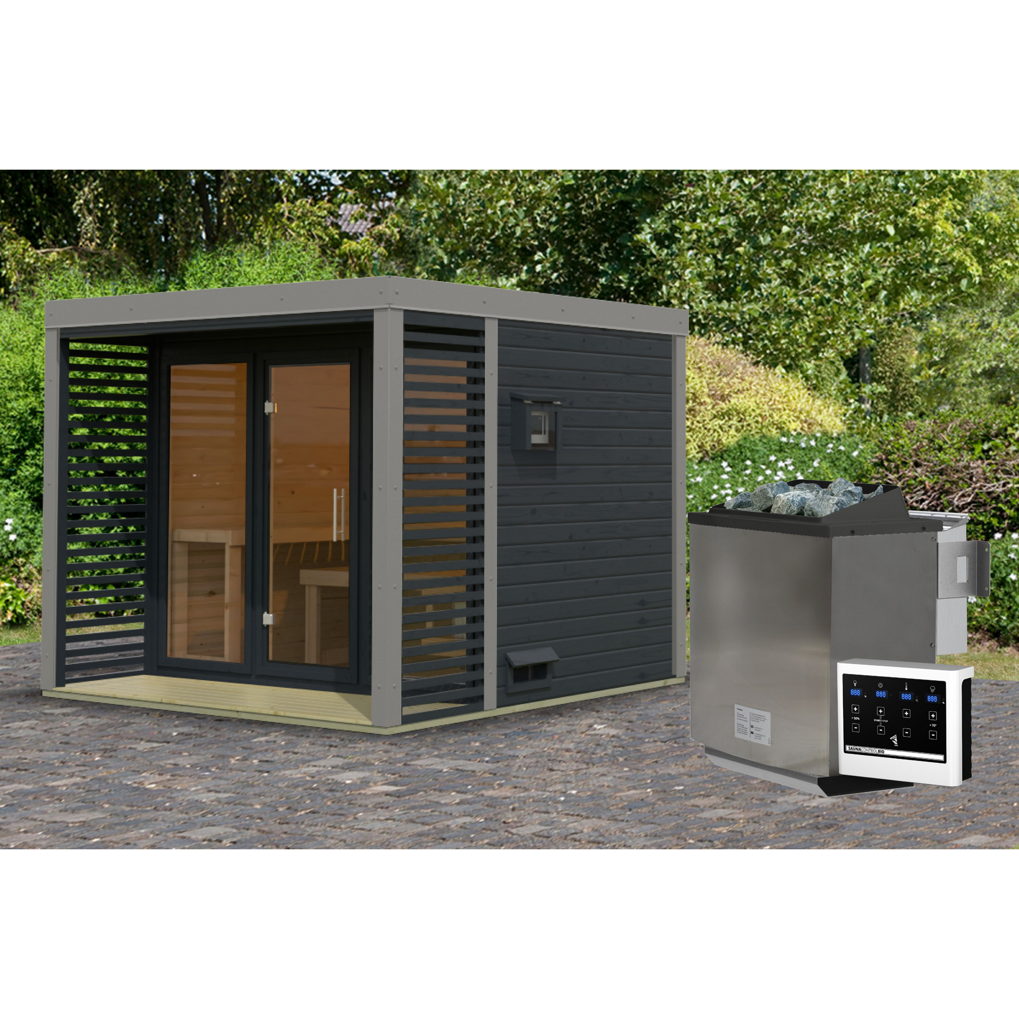 Saunahaus 'Aressa 3' anthrazit / graualuminium Ofen 9 kW Bio externe Steuerung 276 x 231,5 x 276 cm