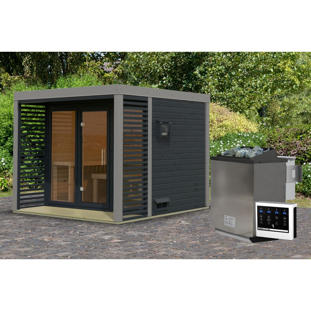 Saunahaus 'Aressa 3' anthrazit / graualuminium Ofen 9 kW Bio externe Steuerung 276 x 231,5 x 276 cm