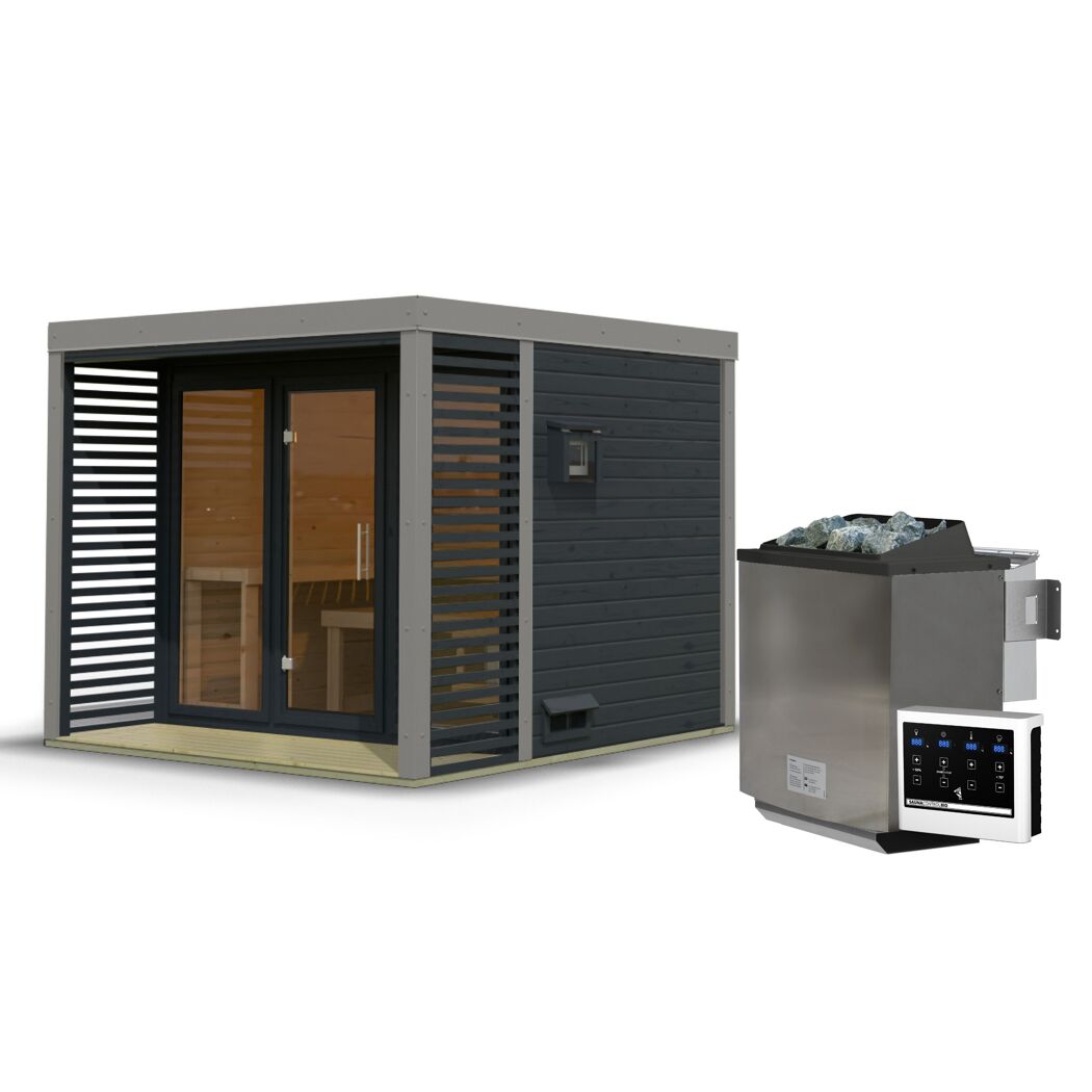 Saunahaus 'Aressa 3' anthrazit / graualuminium Ofen 9 kW Bio externe Steuerung 276 x 231,5 x 276 cm