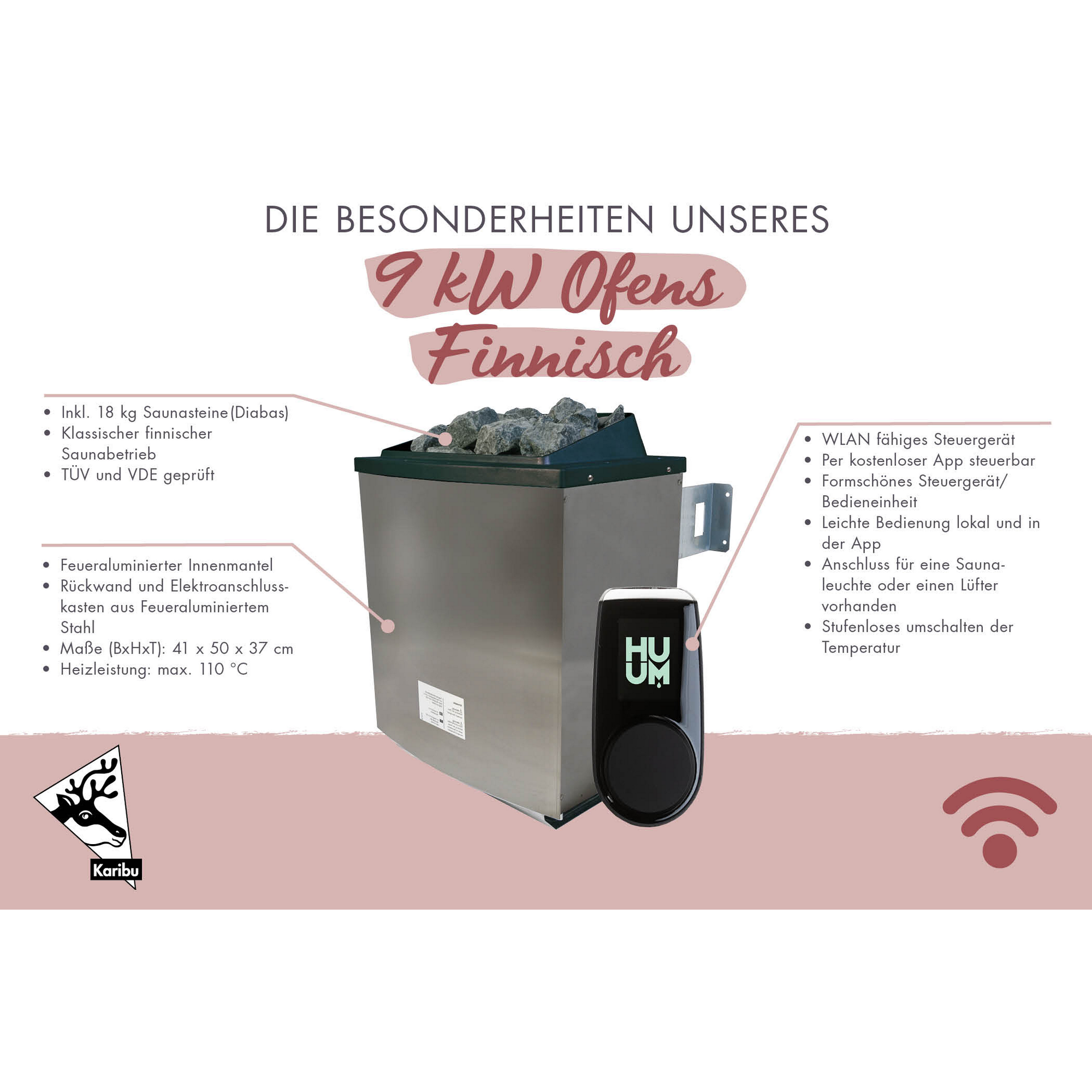 Saunaofen-Set mit Außensteuerung 9 kW und WiFi-Steuerung