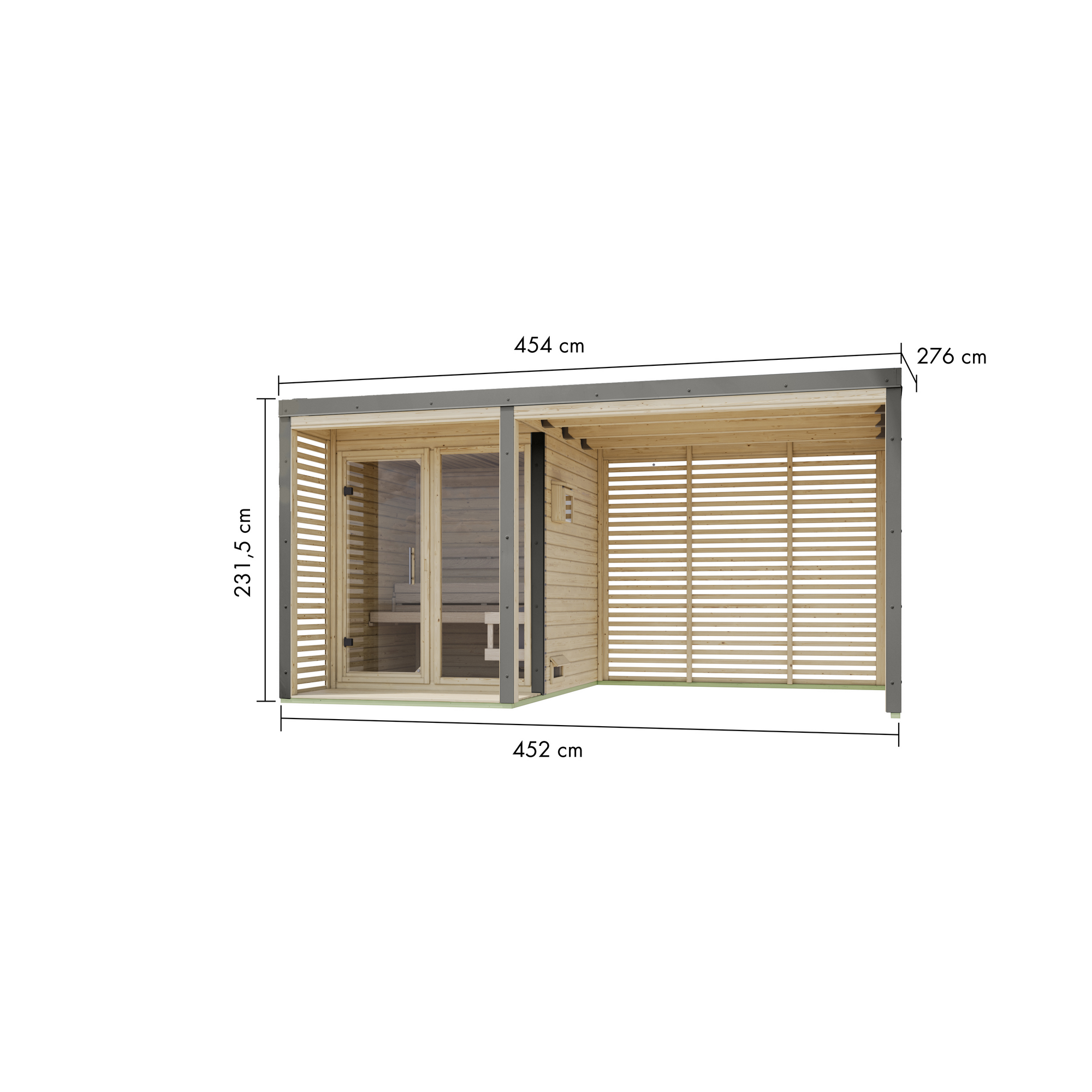 Saunahaus 'Aressa 1' naturbelassen / graualuminium mit Anbaudach, Ofen 9 kW externe Steuerung 452 x 231,5 x 276 cm